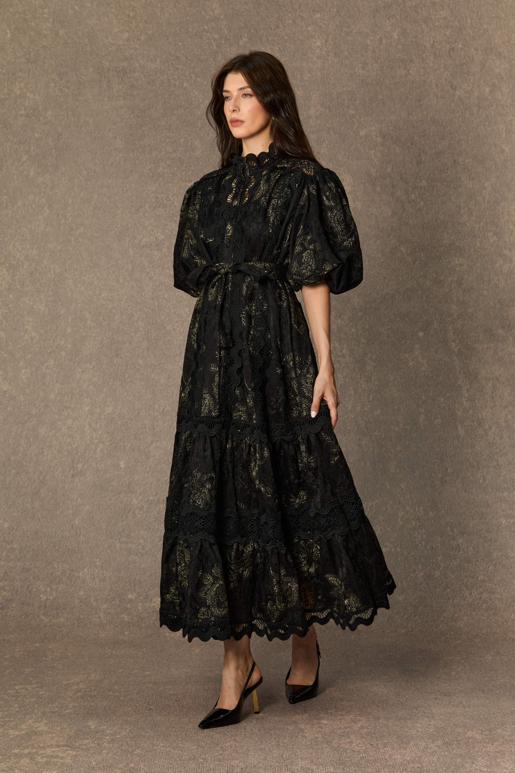 Lust At First Sight Black Puff Sleeve Lace Midi Dress