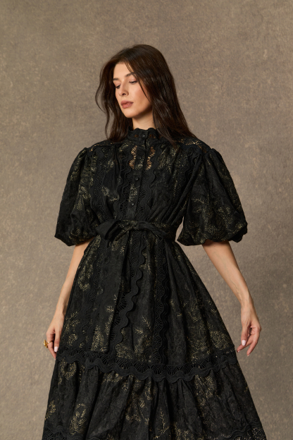 Lust At First Sight Black Puff Sleeve Lace Midi Dress