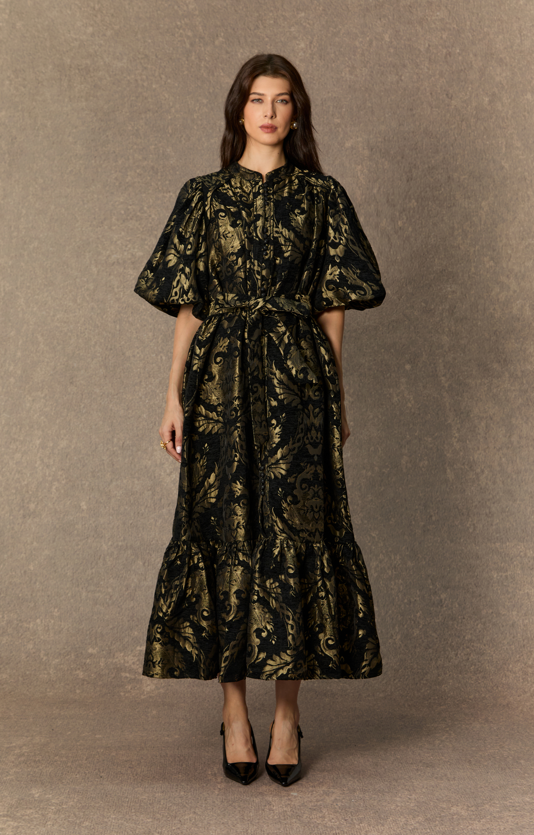 Vintage Luxe Black Gold Foil Puff Sleeve Midi Dress