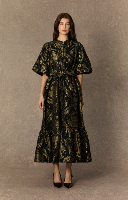 Vintage Luxe Black Gold Foil Puff Sleeve Midi Dress