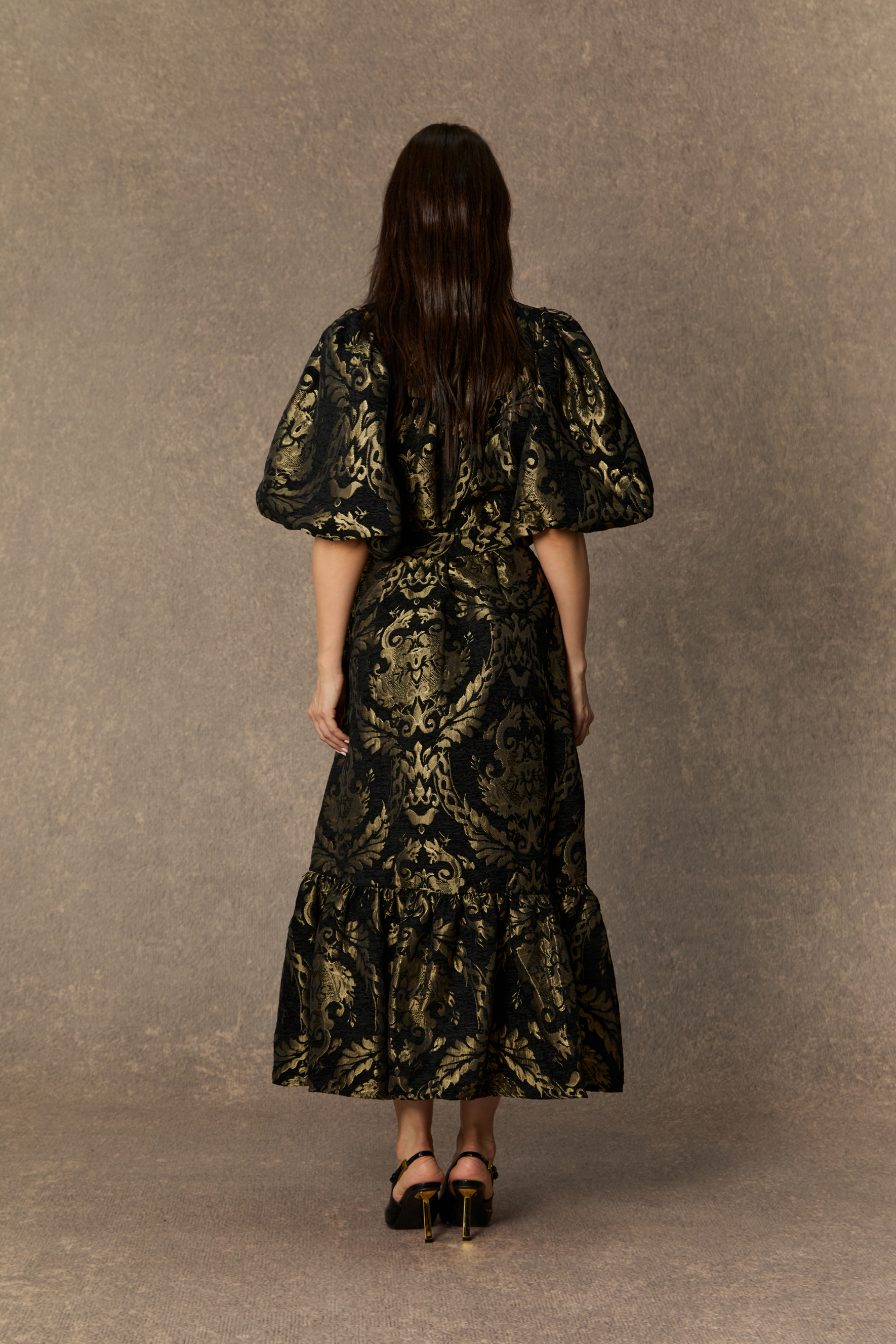 Vintage Luxe Black Gold Foil Puff Sleeve Midi Dress