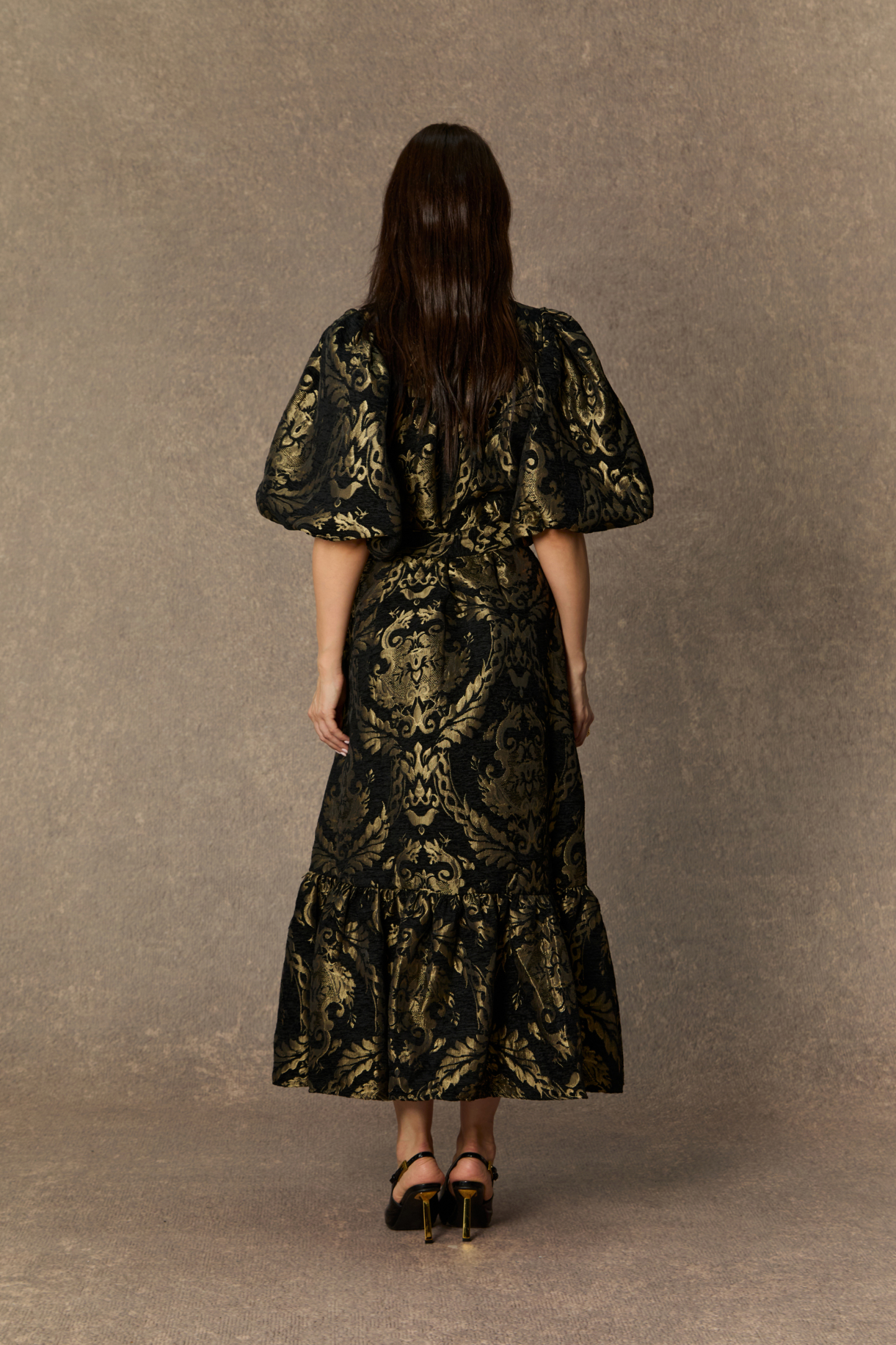 Vintage Luxe Black Gold Foil Puff Sleeve Midi Dress