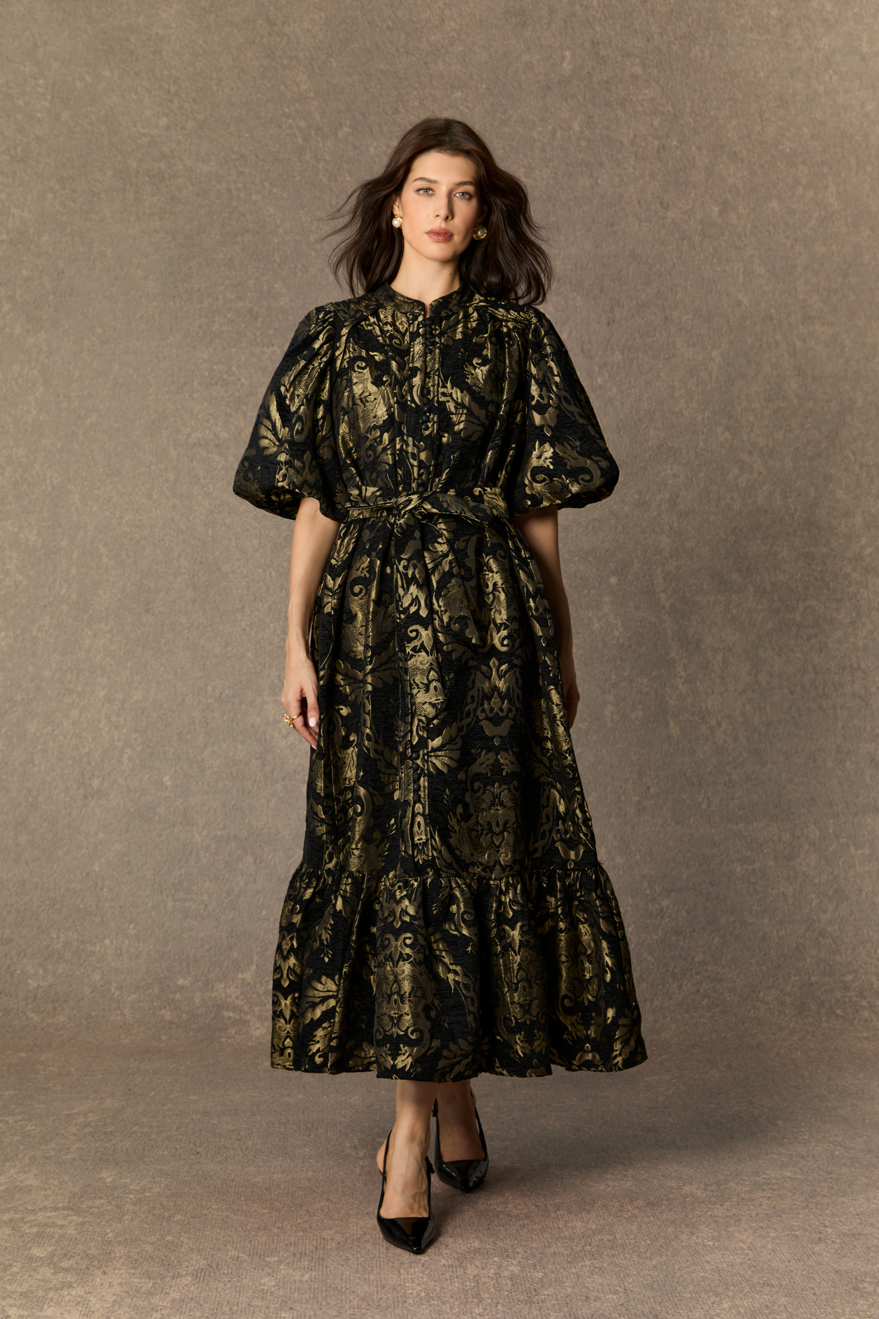 Vintage Luxe Black Gold Foil Puff Sleeve Midi Dress