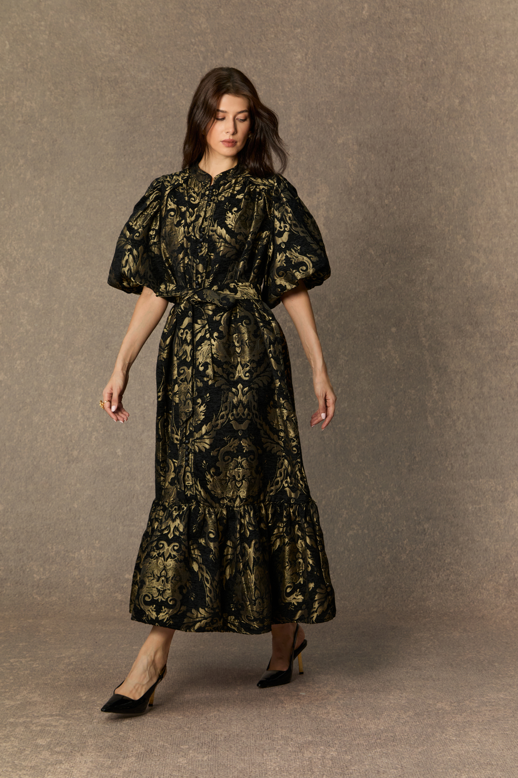 Vintage Luxe Black Gold Foil Puff Sleeve Midi Dress