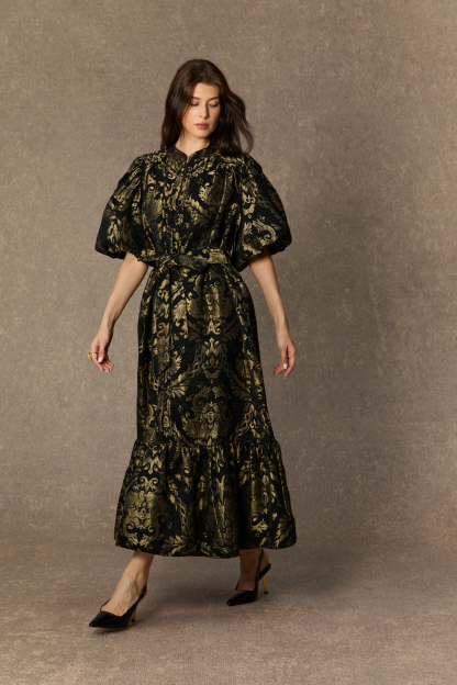 Vintage Luxe Black Gold Foil Puff Sleeve Midi Dress