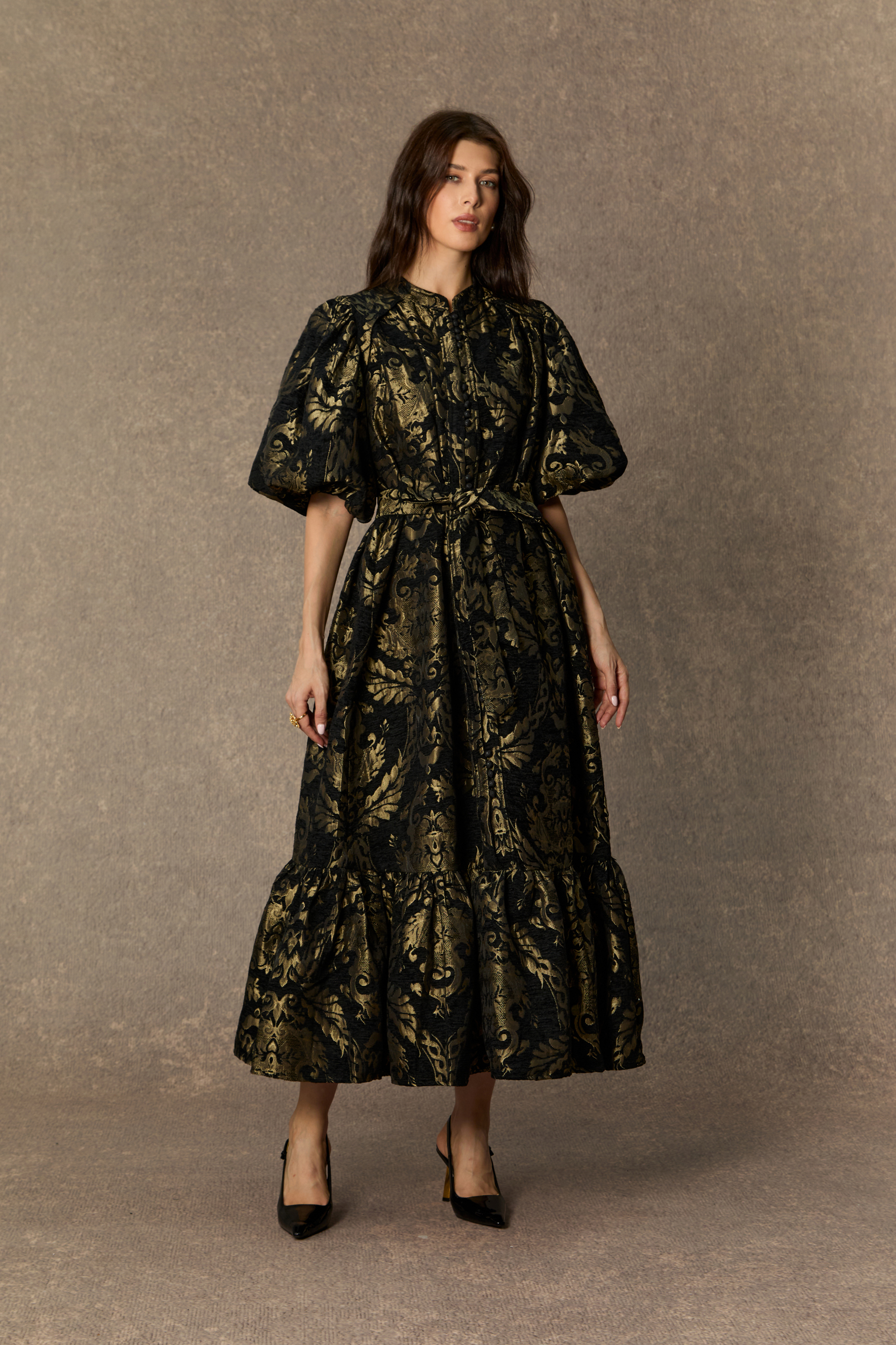 Vintage Luxe Black Gold Foil Puff Sleeve Midi Dress
