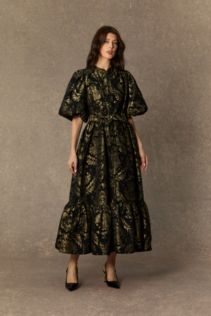 Vintage Luxe Black Gold Foil Puff Sleeve Midi Dress