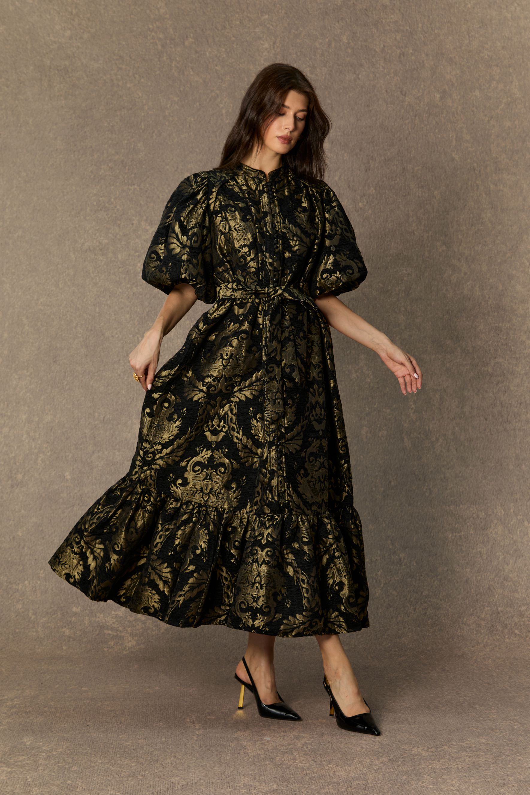 Vintage Luxe Black Gold Foil Puff Sleeve Midi Dress