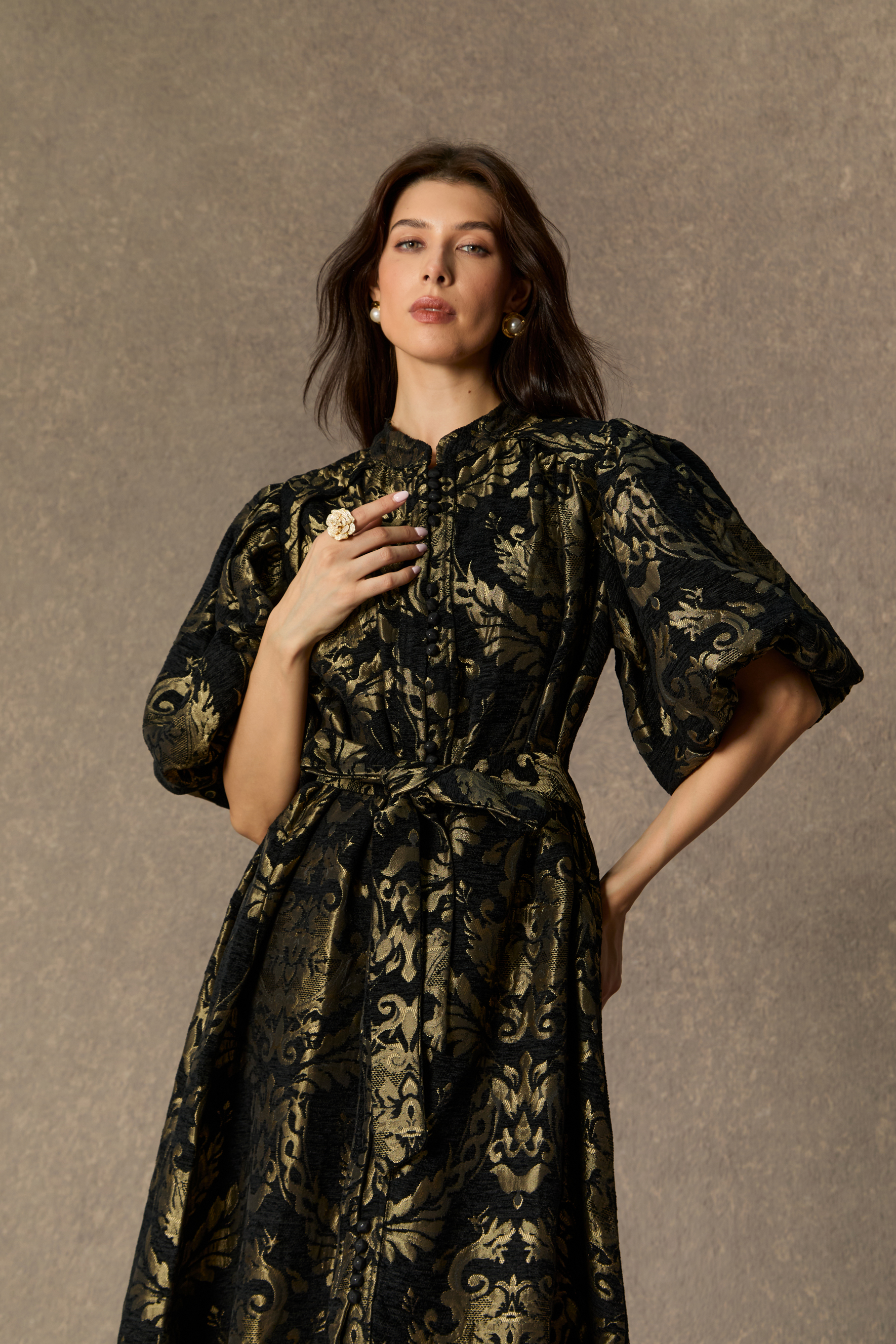Vintage Luxe Black Gold Foil Puff Sleeve Midi Dress