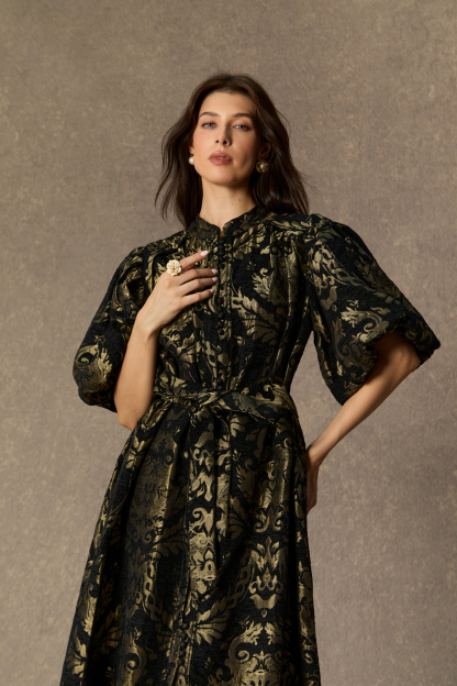Vintage Luxe Black Gold Foil Puff Sleeve Midi Dress