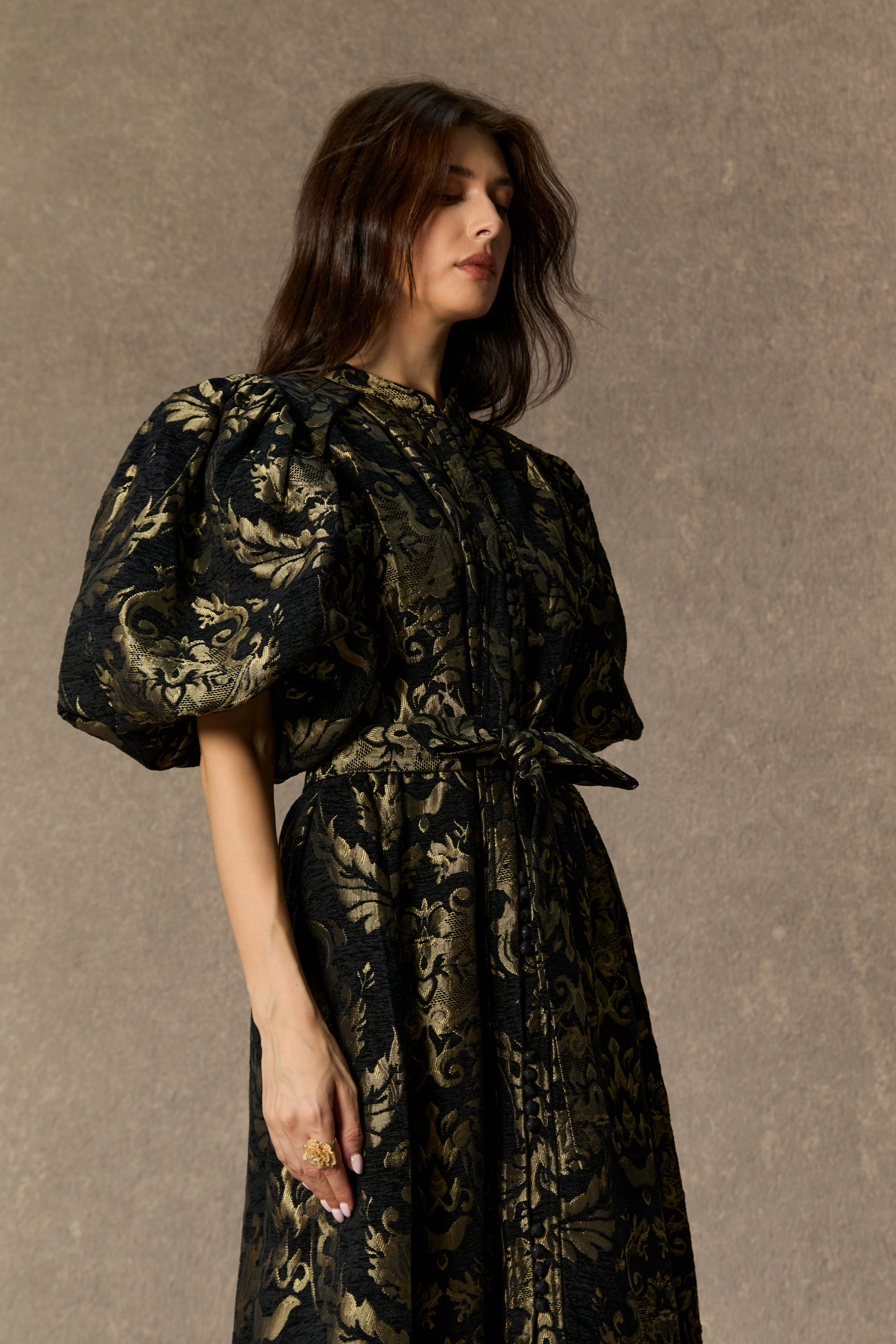 Vintage Luxe Black Gold Foil Puff Sleeve Midi Dress