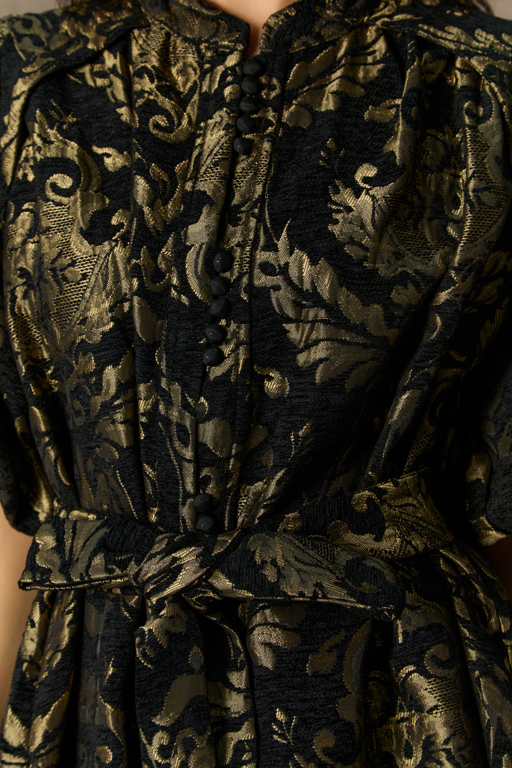 Vintage Luxe Black Gold Foil Puff Sleeve Midi Dress