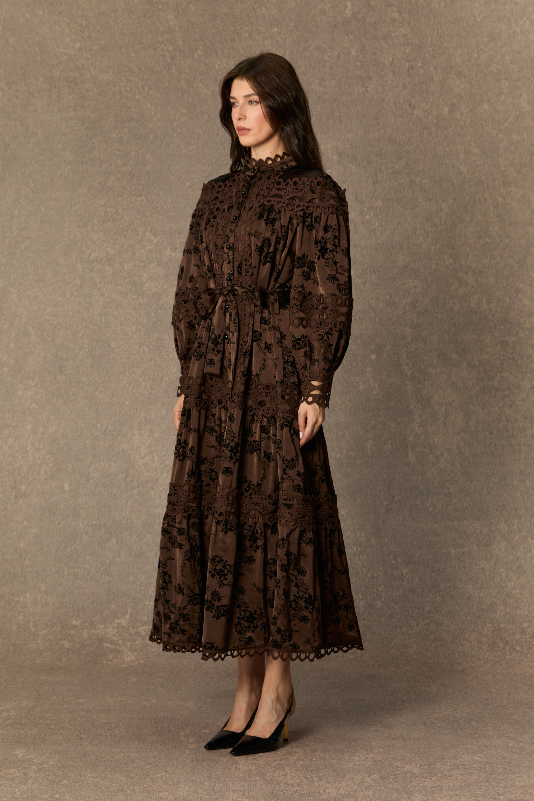 Romantic Vintage Brown Floral Print Lace Trim Midi Dress