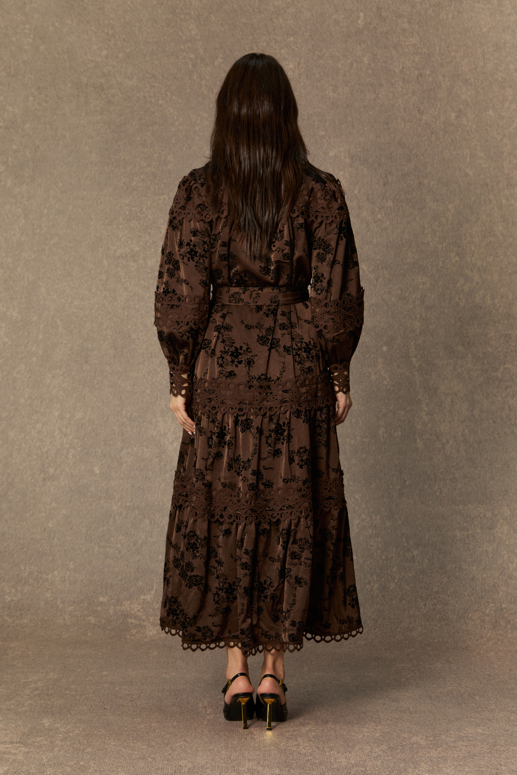 Romantic Vintage Brown Floral Print Lace Trim Midi Dress