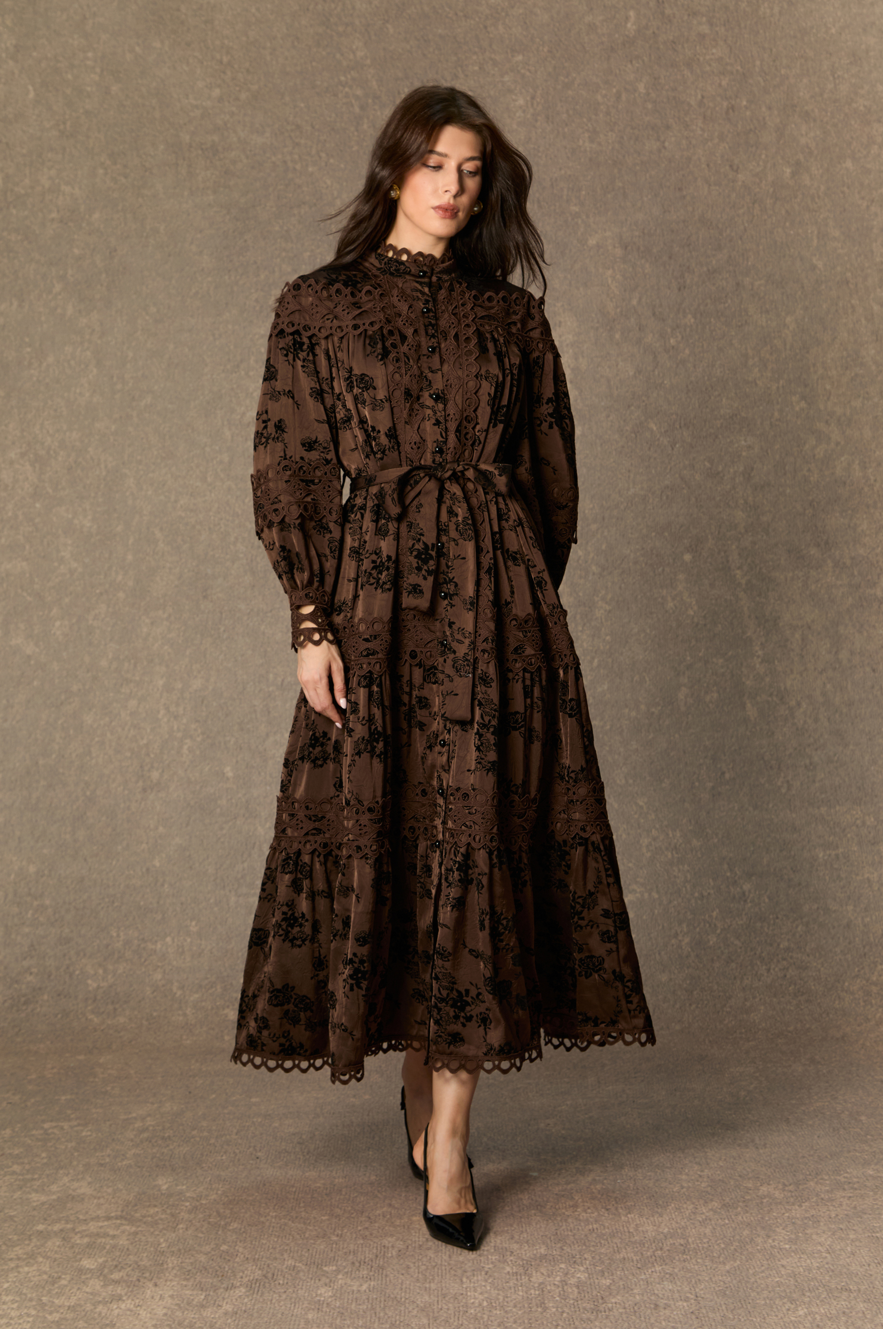 Romantic Vintage Brown Floral Print Lace Trim Midi Dress