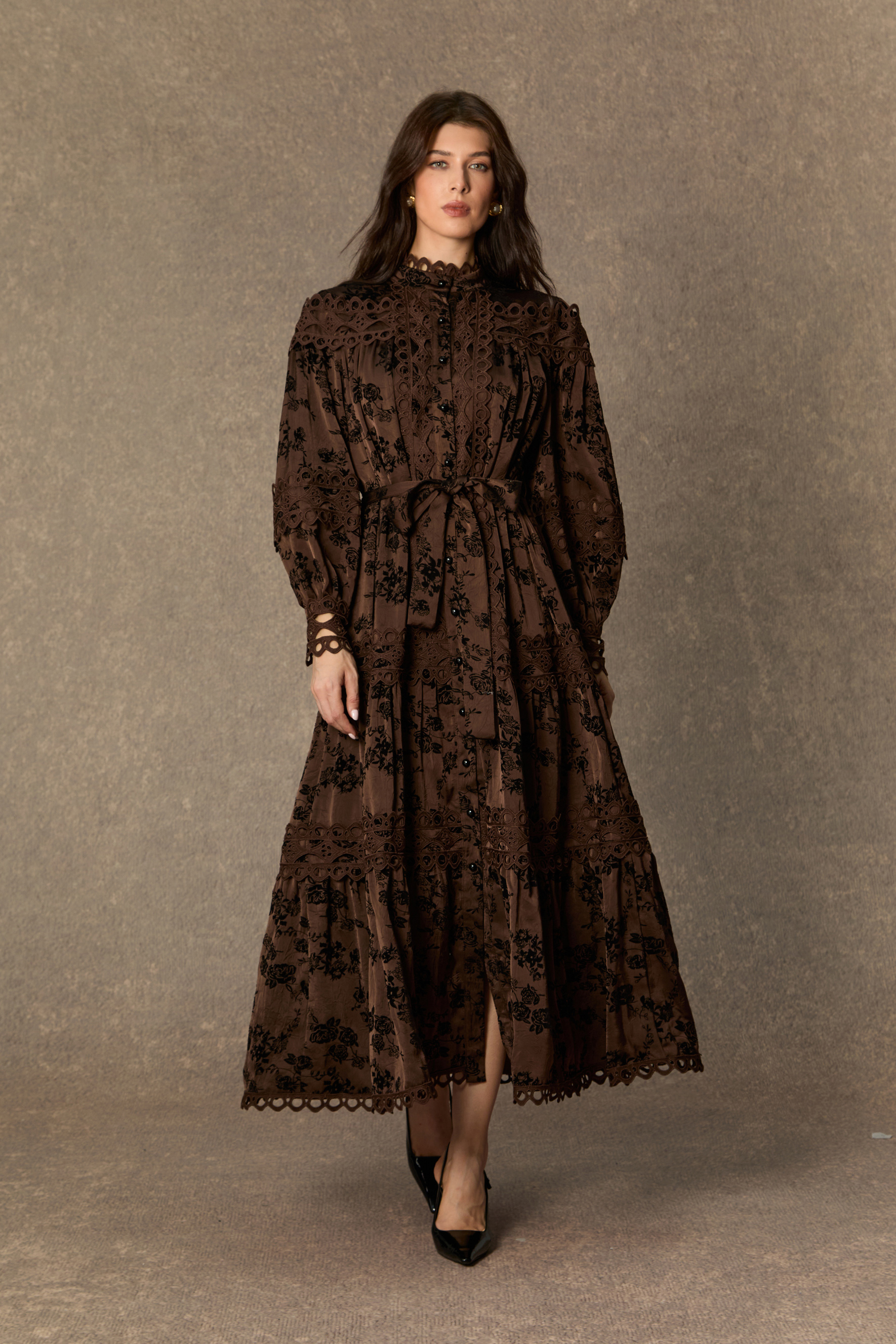 Romantic Vintage Brown Floral Print Lace Trim Midi Dress