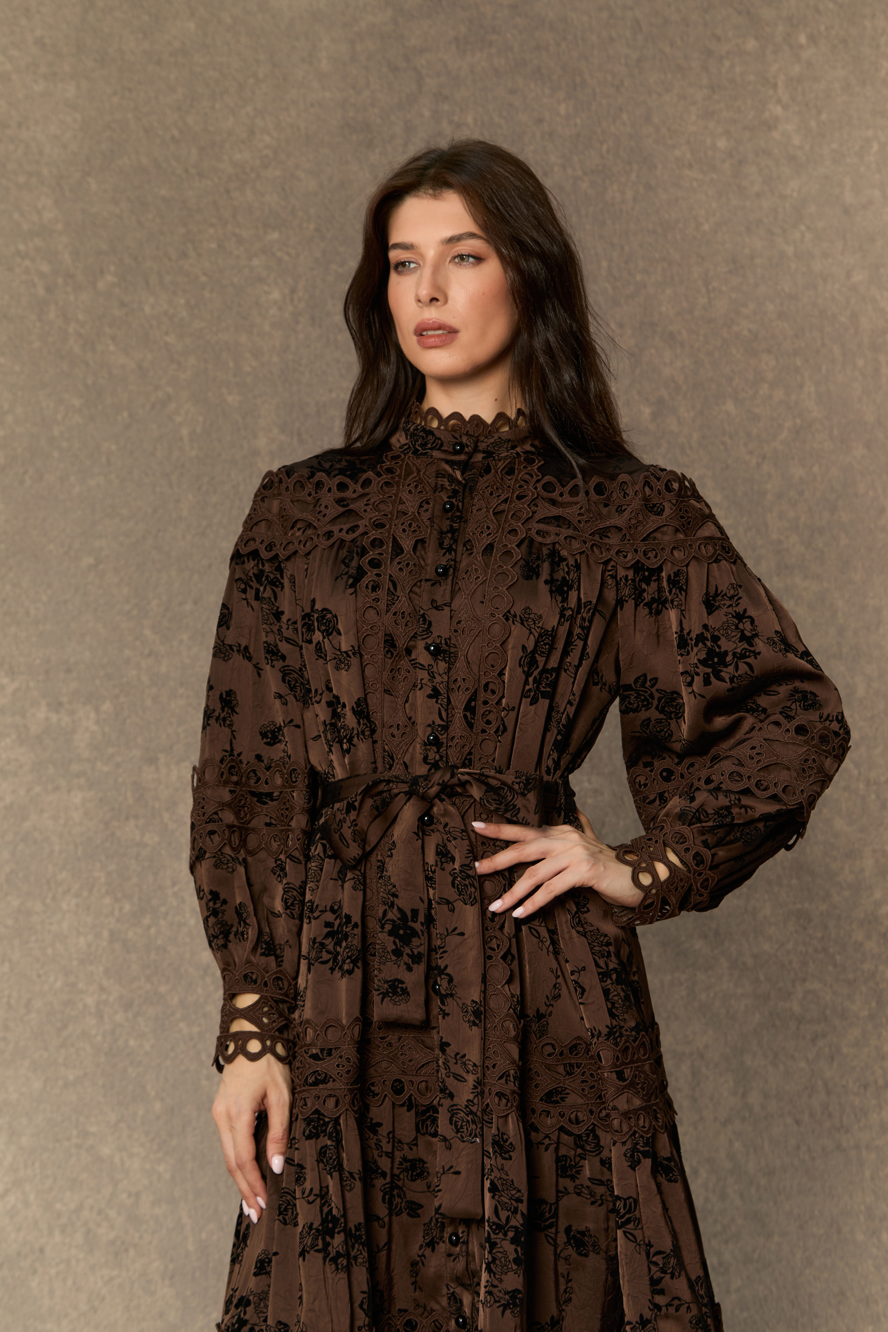 Romantic Vintage Brown Floral Print Lace Trim Midi Dress