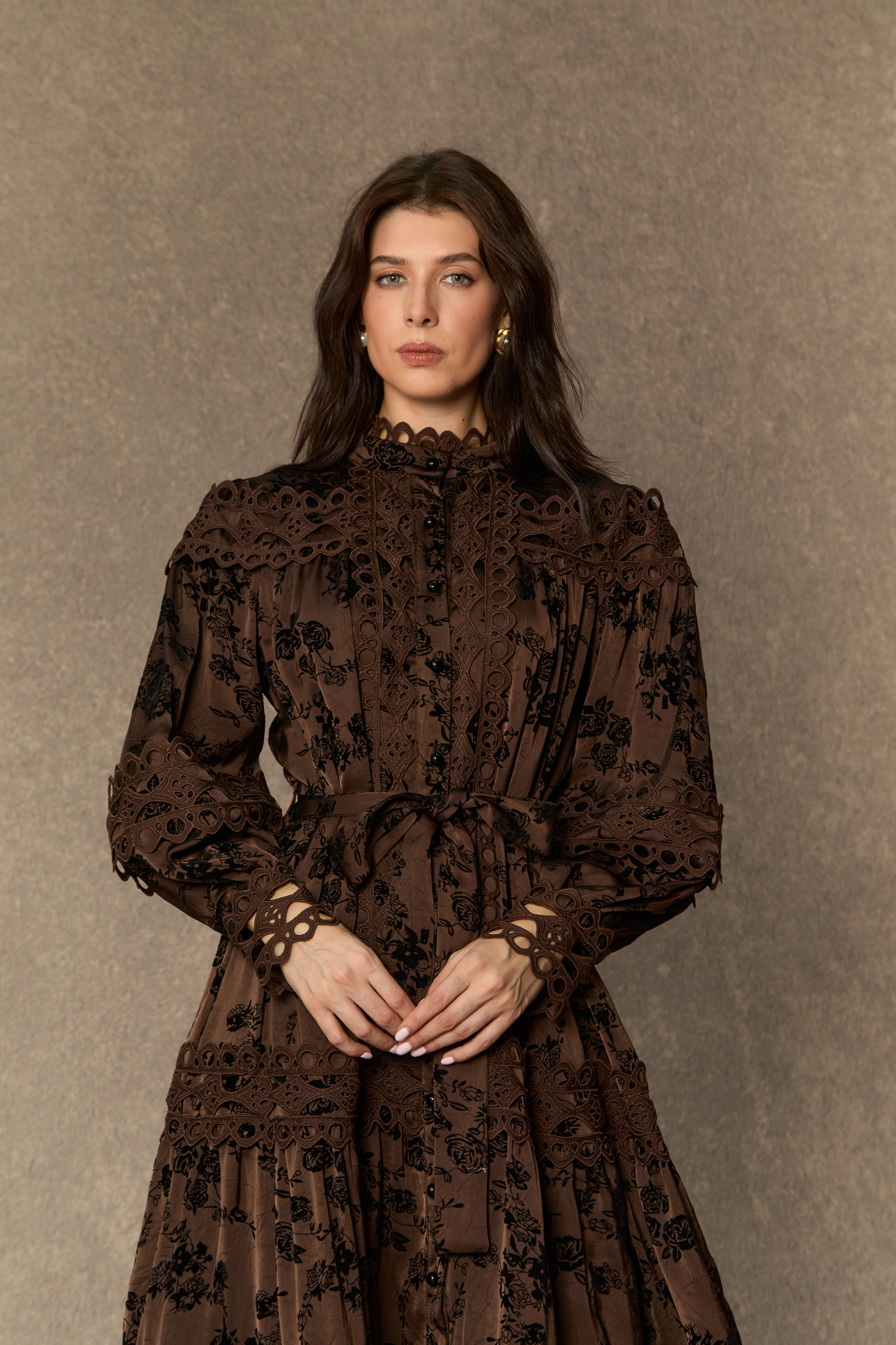 Romantic Vintage Brown Floral Print Lace Trim Midi Dress