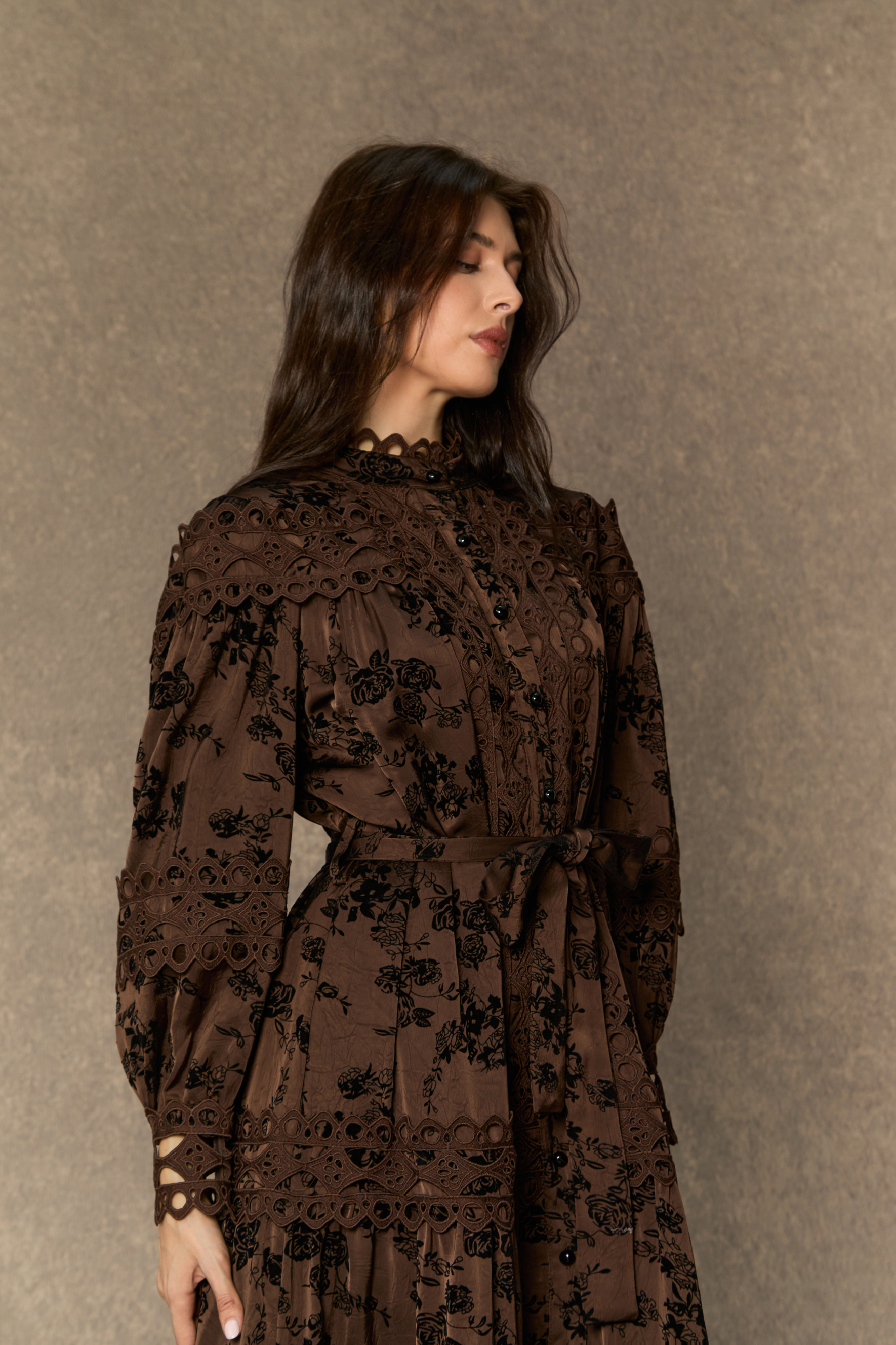 Romantic Vintage Brown Floral Print Lace Trim Midi Dress