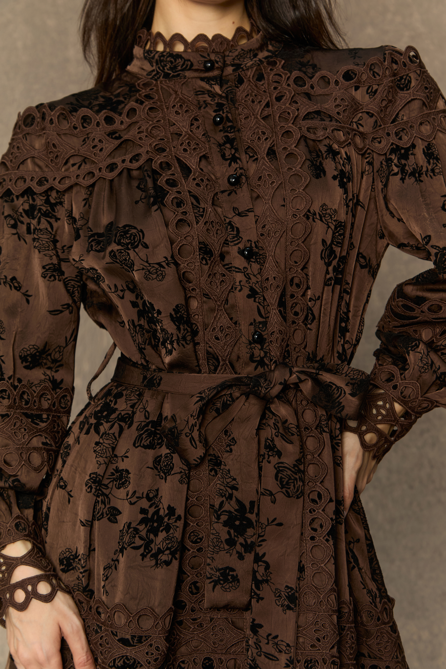 Romantic Vintage Brown Floral Print Lace Trim Midi Dress