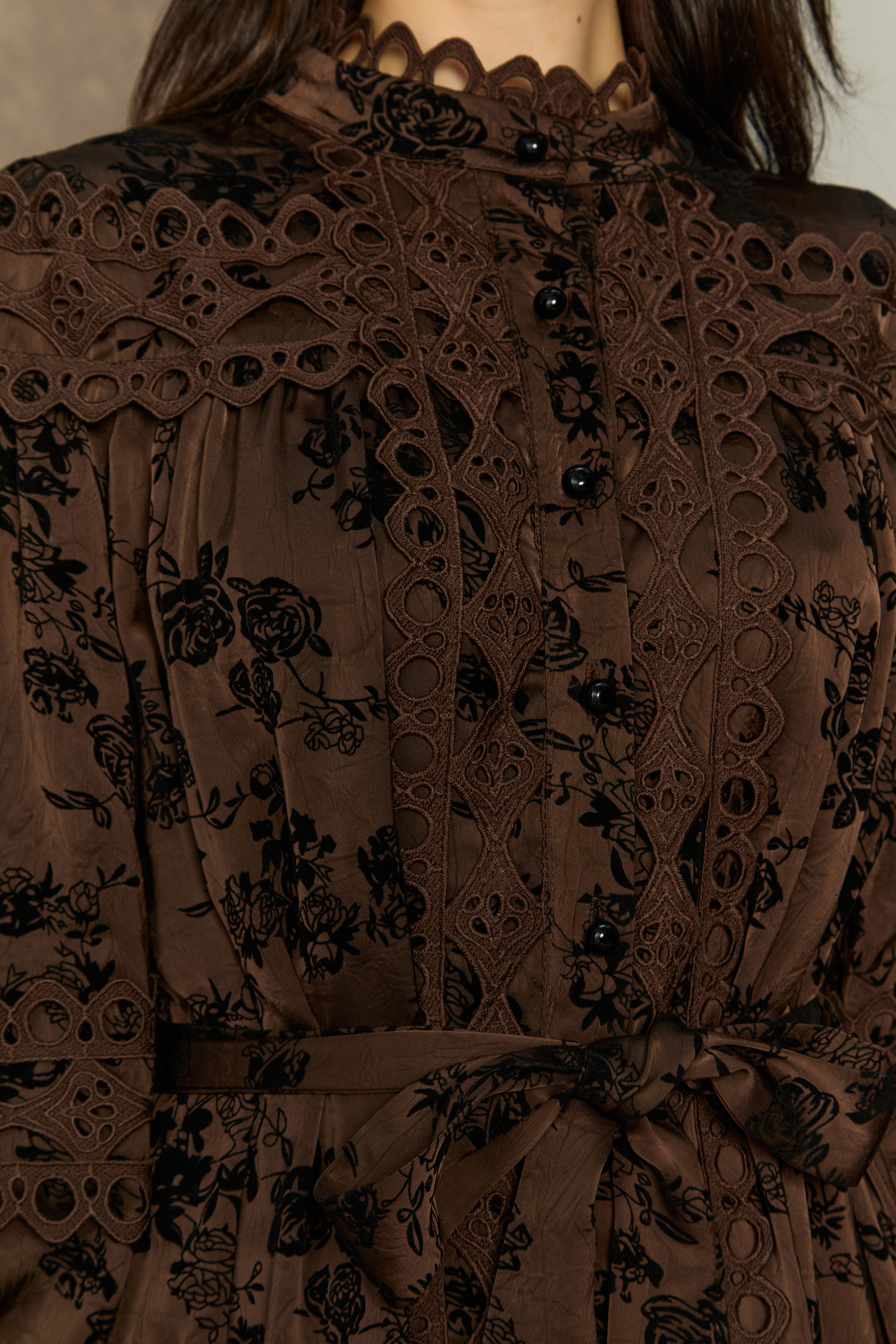 Romantic Vintage Brown Floral Print Lace Trim Midi Dress