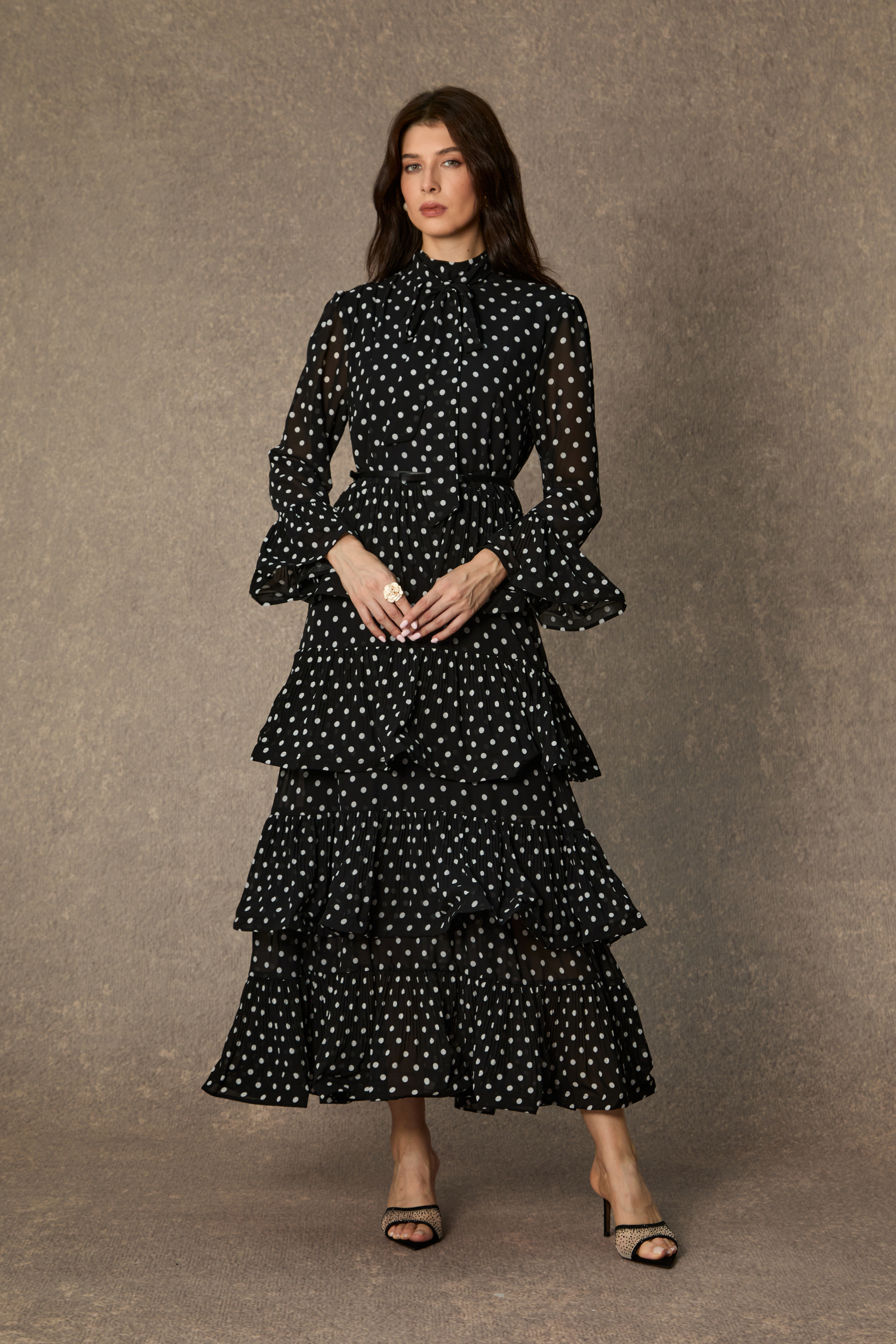 Modest Dresses: Black Polka Dot Tiered Ruffle Maxi Dress for
