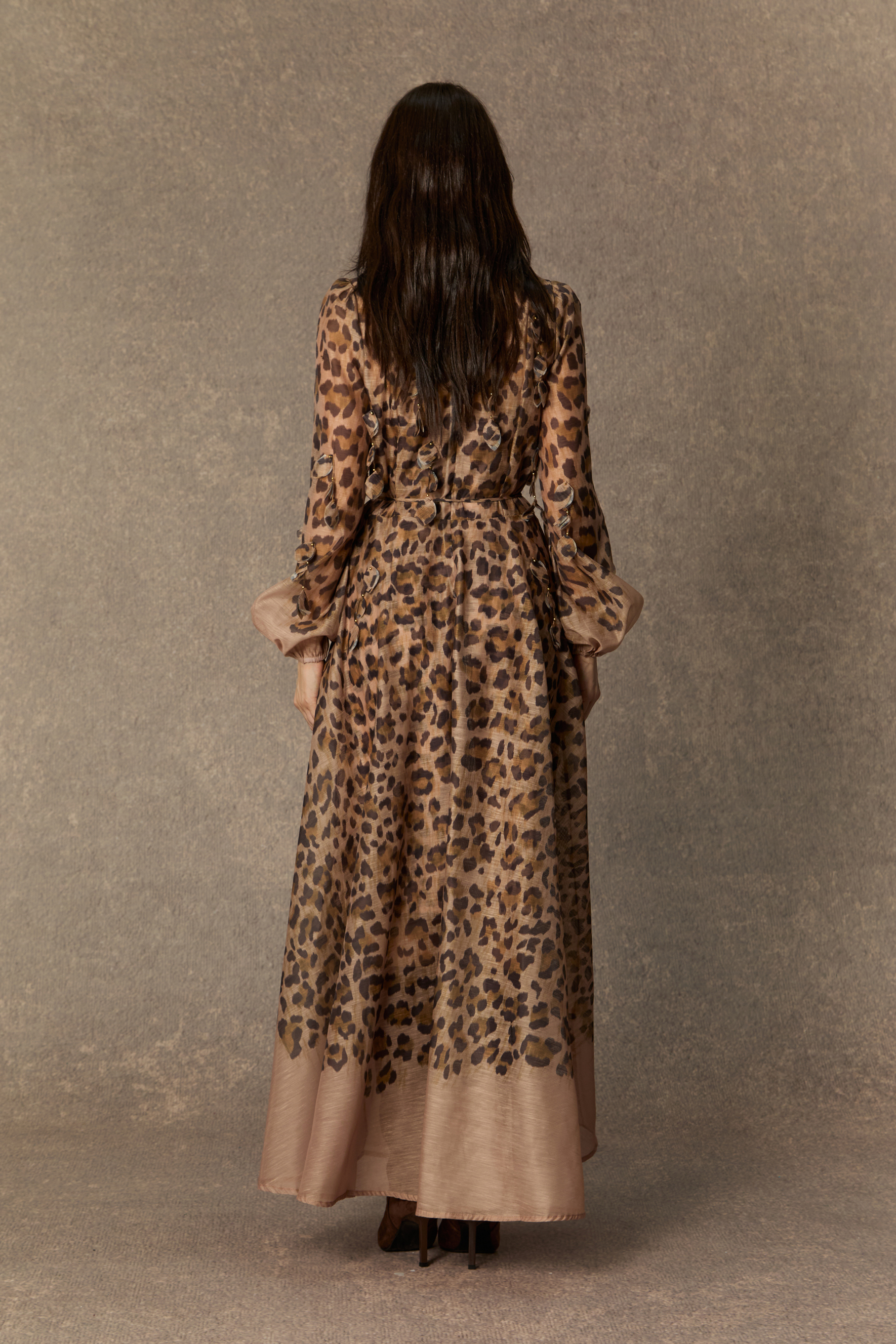 Infinite Praise Brown Leopard Print Leaf Applique Maxi Dress