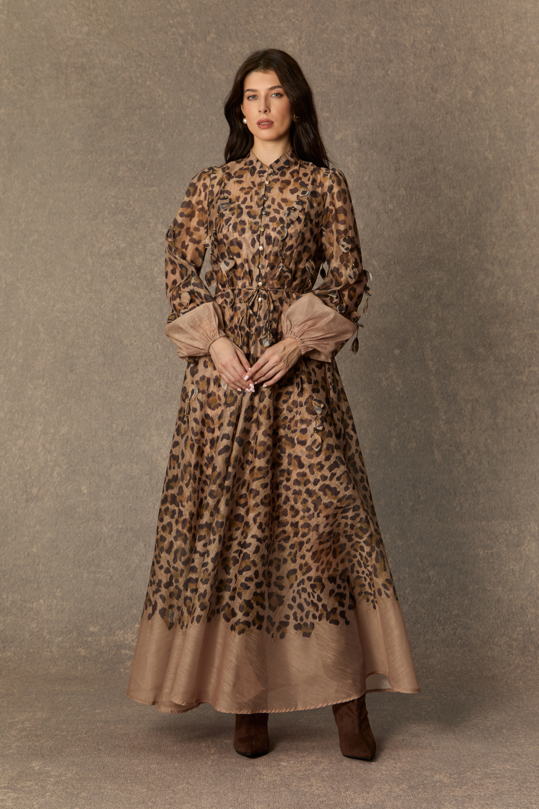 Infinite Praise Brown Leopard Print Leaf Applique Maxi Dress