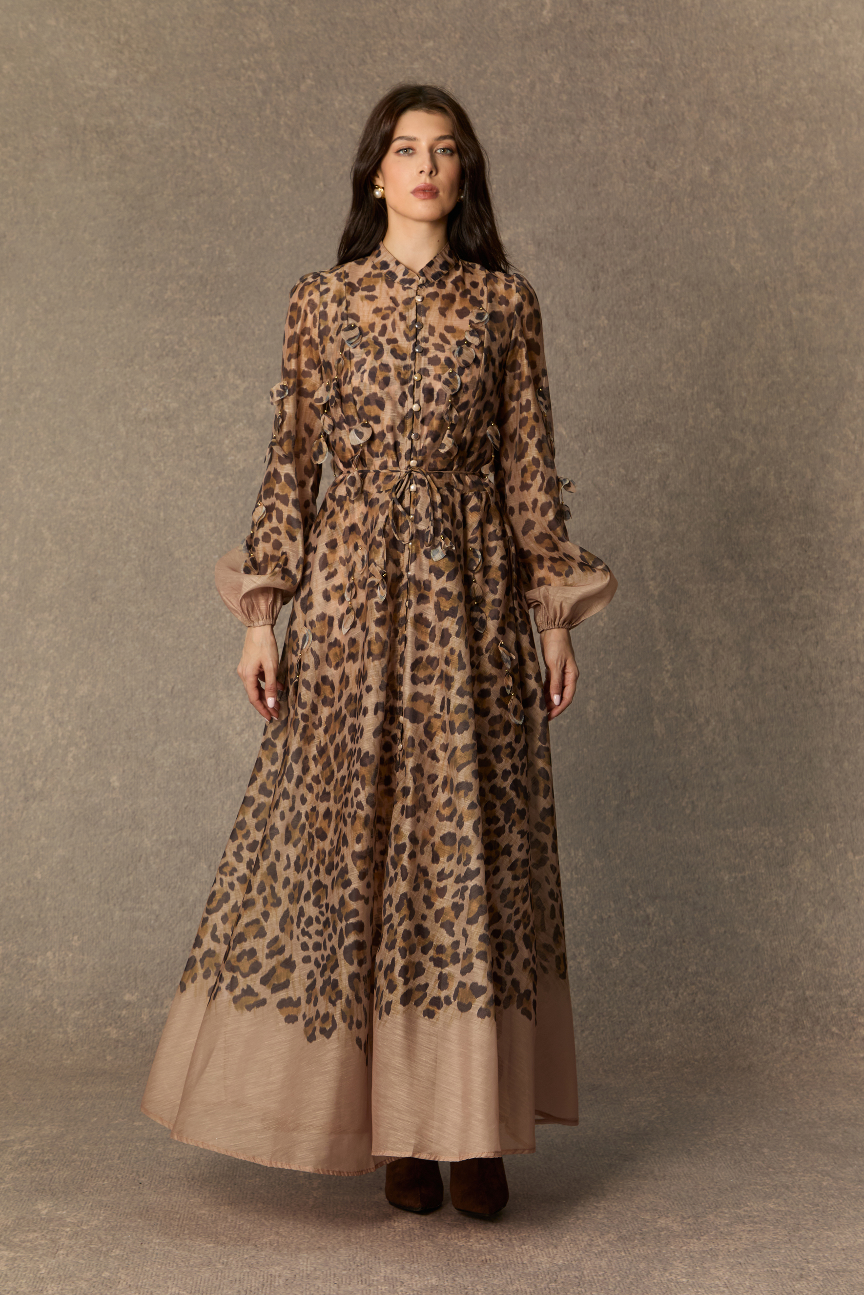 Infinite Praise Brown Leopard Print Leaf Applique Maxi Dress