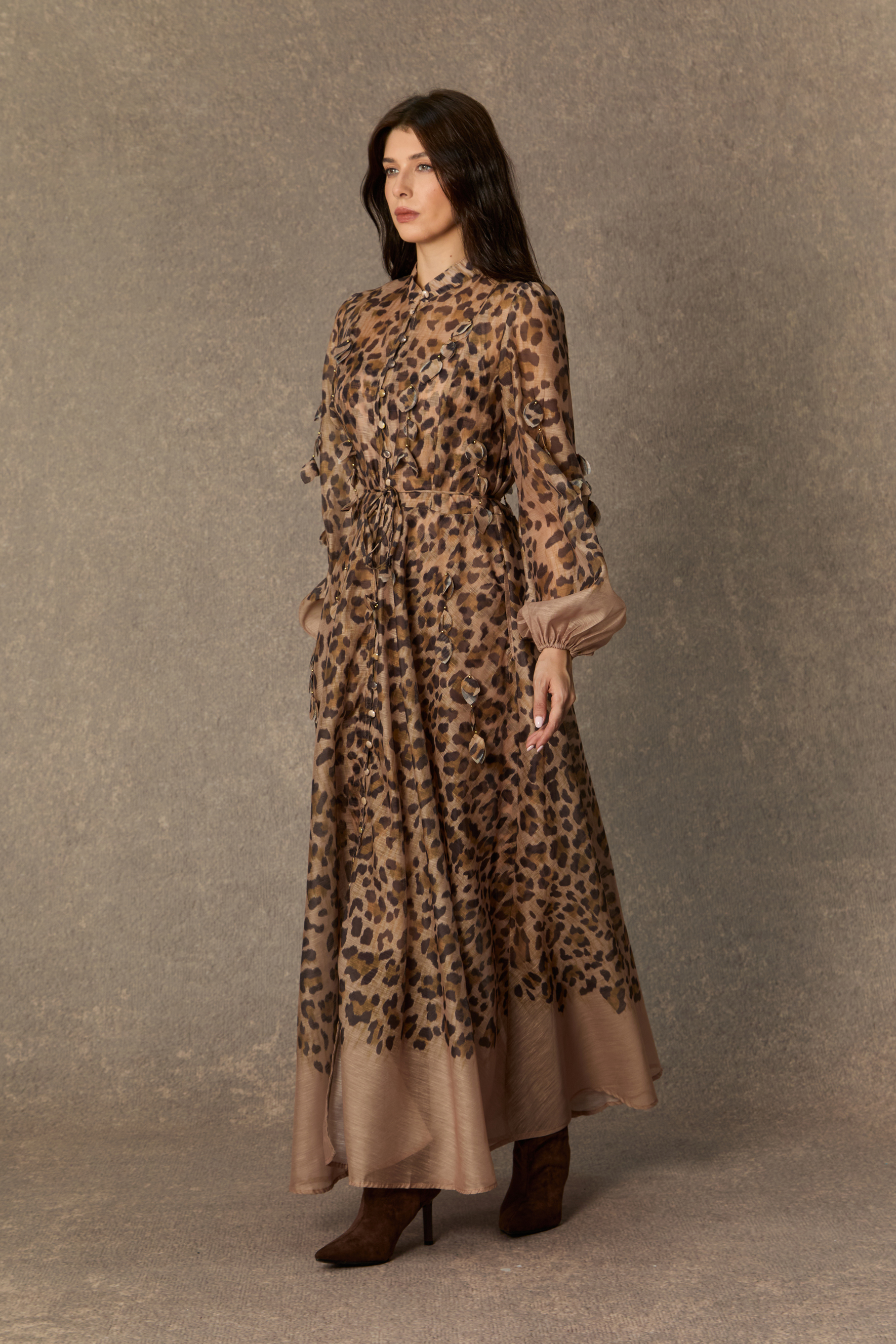 Infinite Praise Brown Leopard Print Leaf Applique Maxi Dress