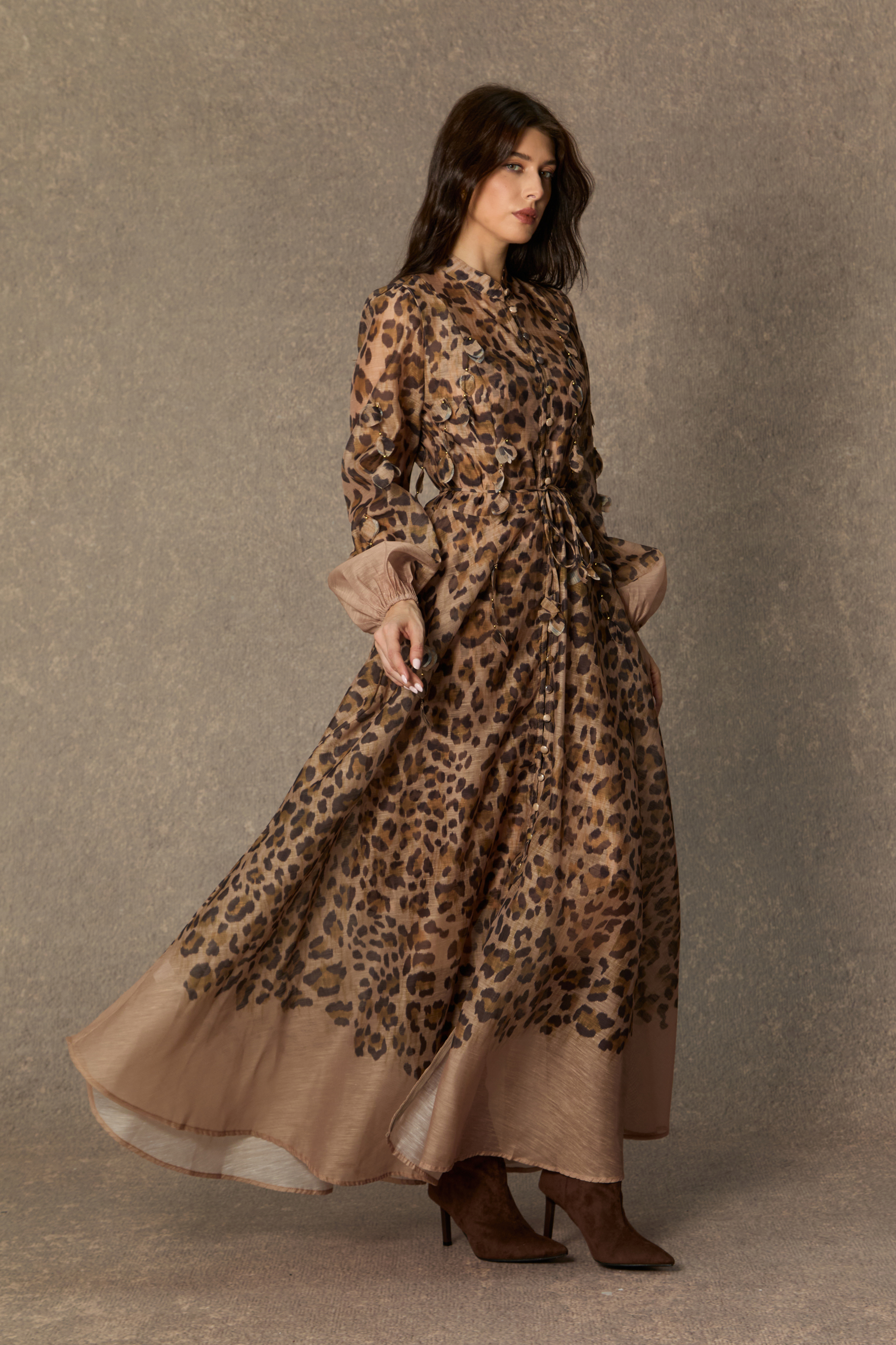 Infinite Praise Brown Leopard Print Leaf Applique Maxi Dress