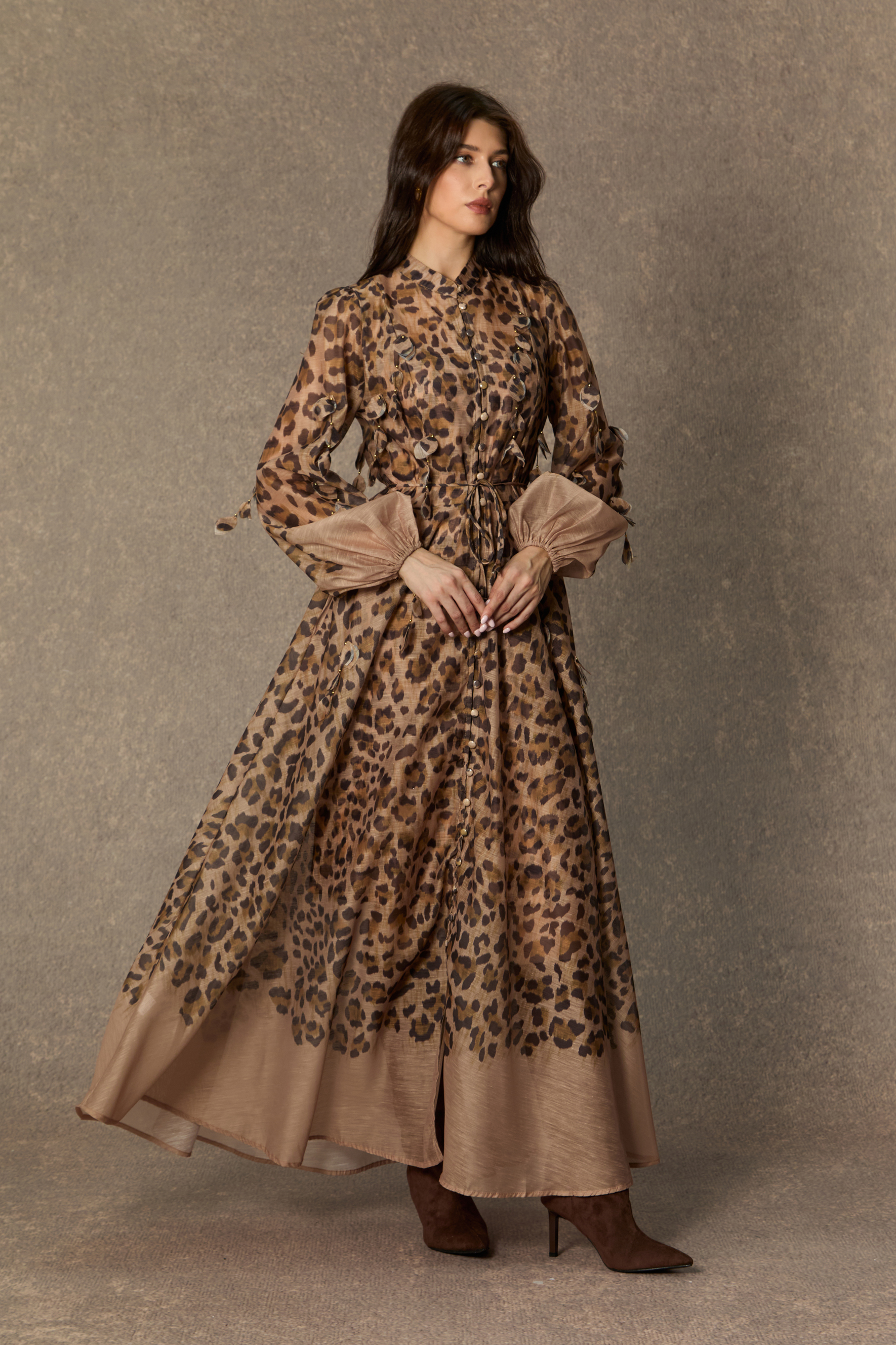 Infinite Praise Brown Leopard Print Leaf Applique Maxi Dress