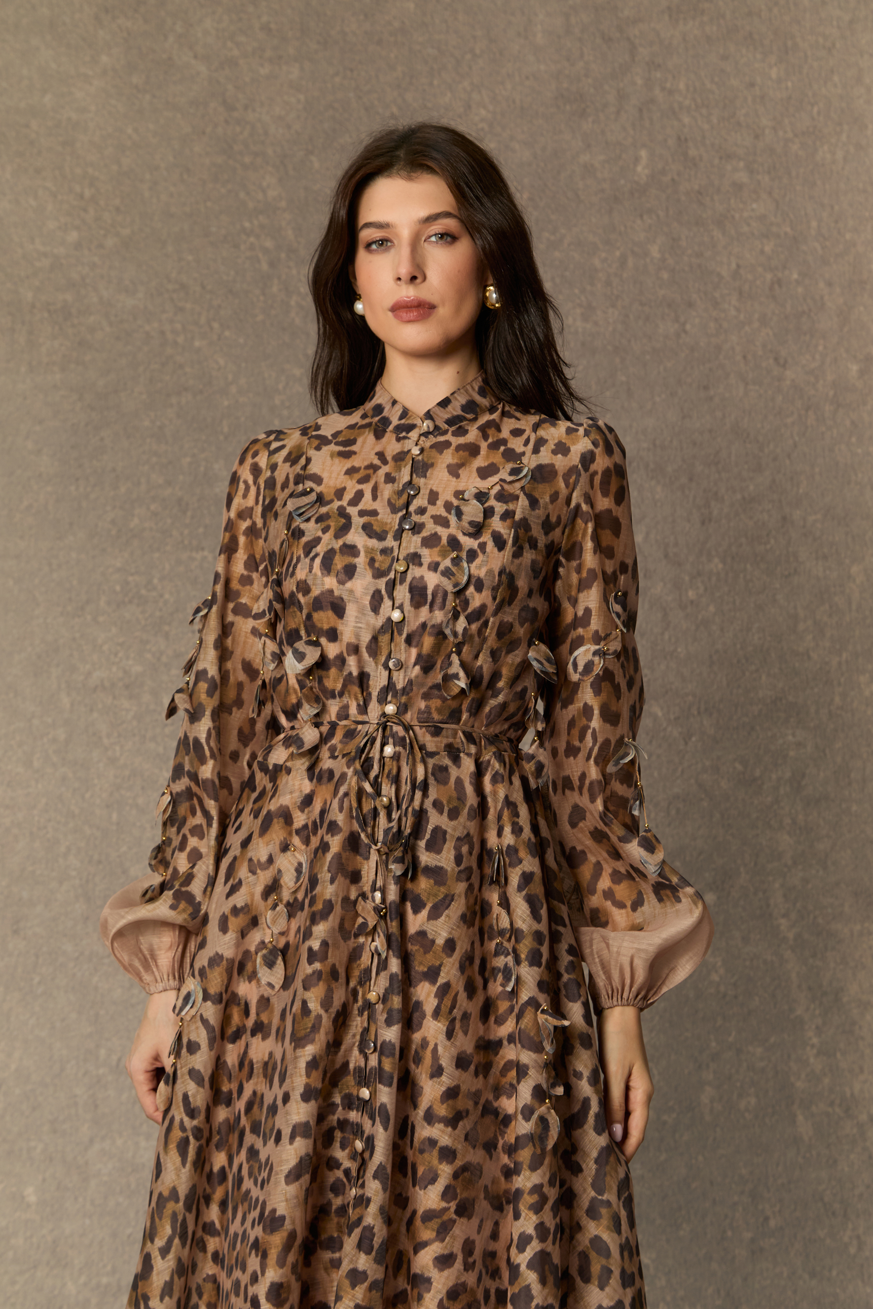 Infinite Praise Brown Leopard Print Leaf Applique Maxi Dress