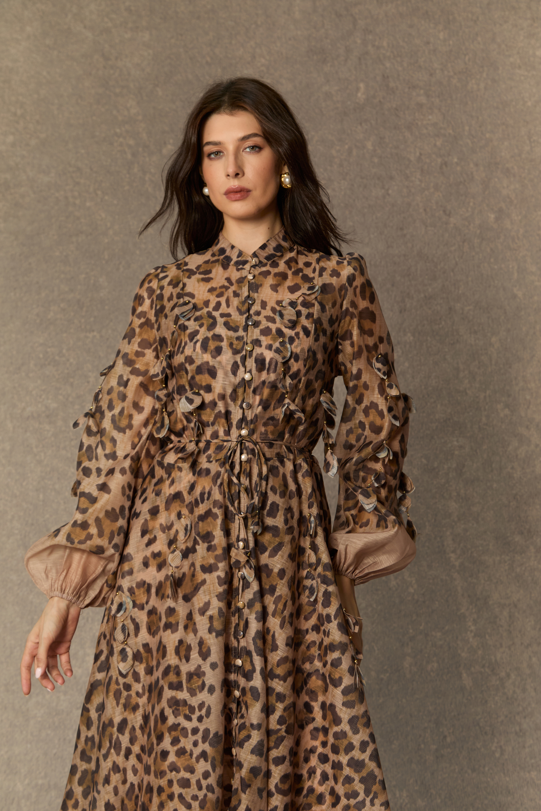 Infinite Praise Brown Leopard Print Leaf Applique Maxi Dress