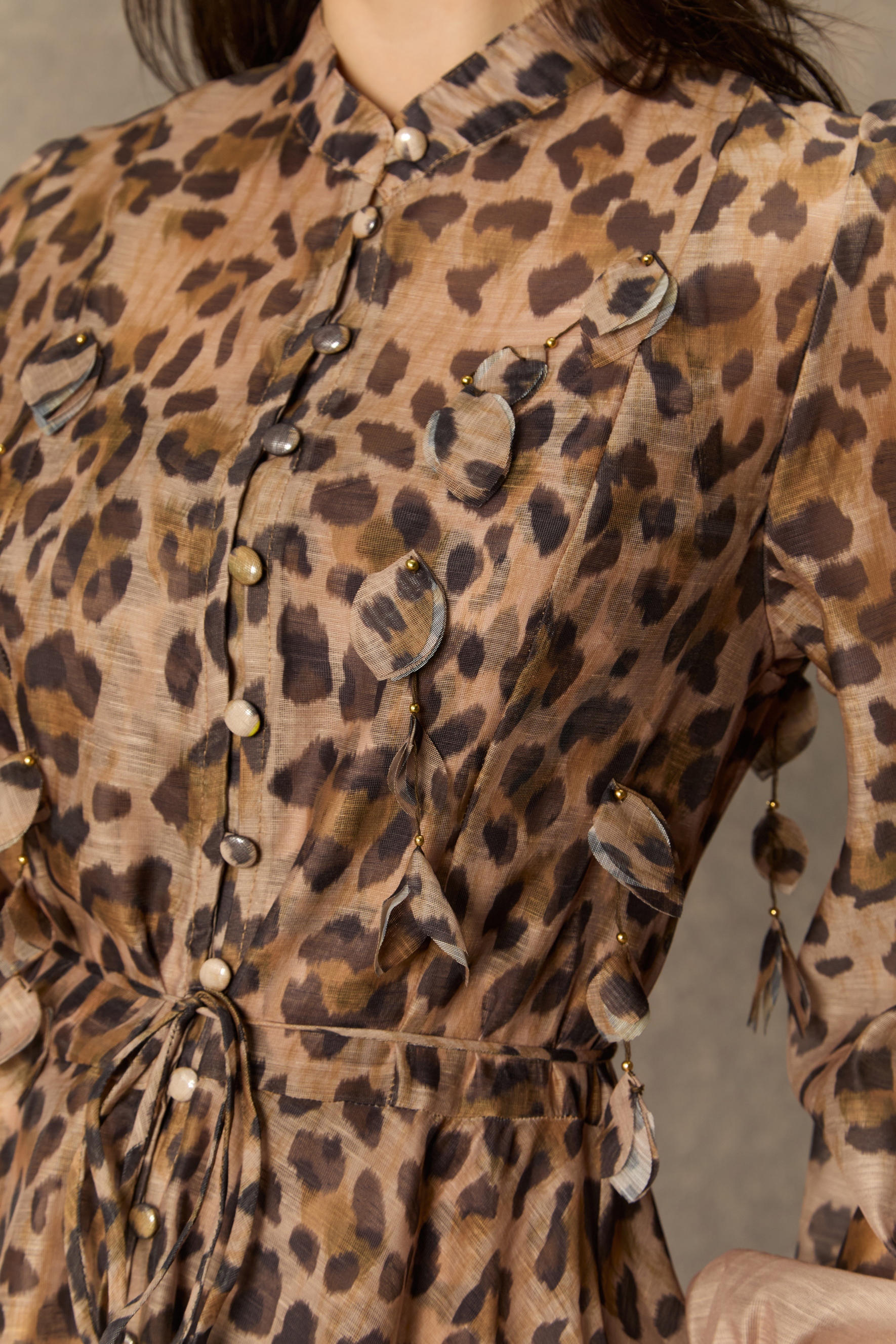 Infinite Praise Brown Leopard Print Leaf Applique Maxi Dress