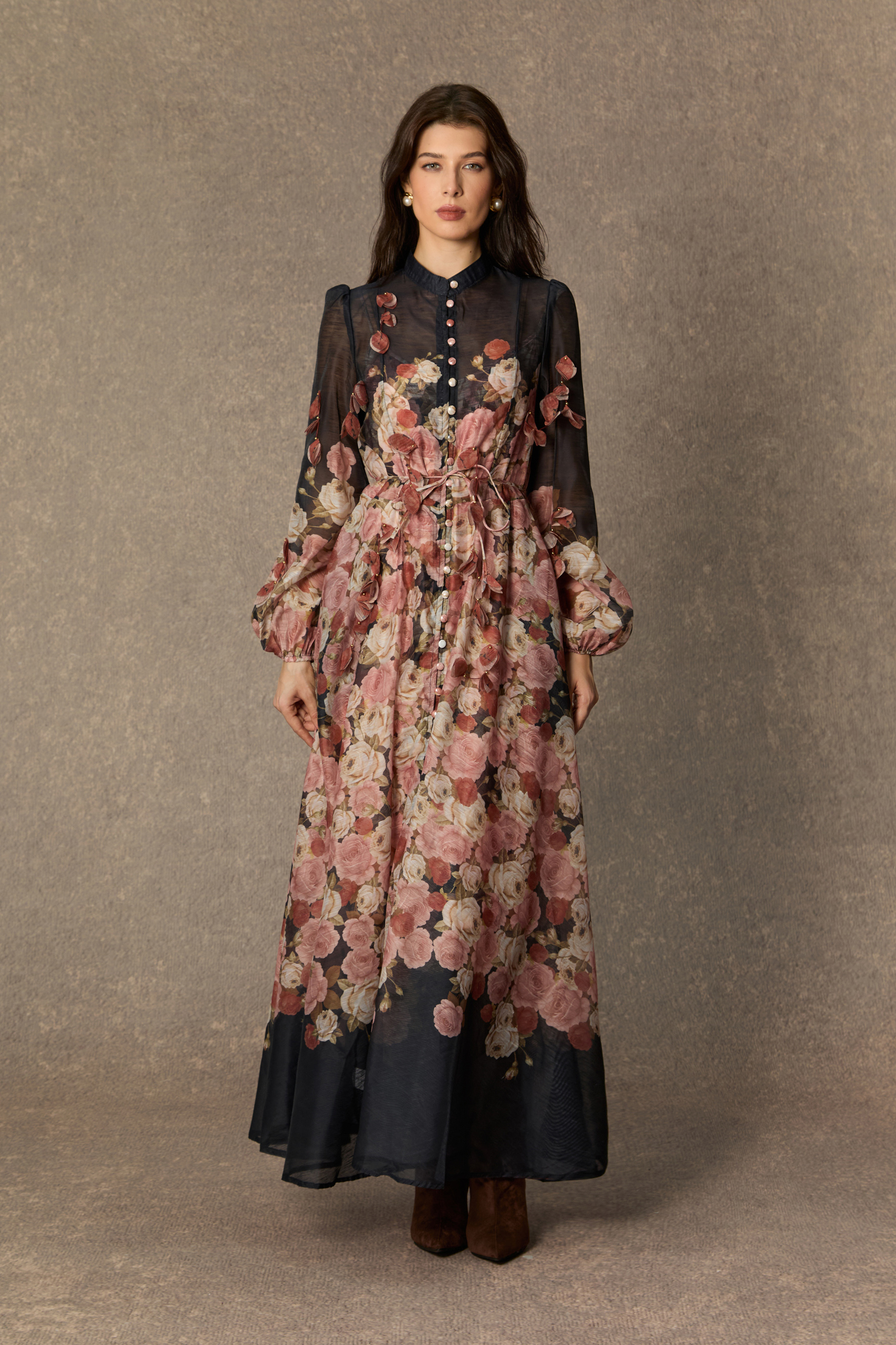 Vie En Rose Black Floral Print Long Sleeve Maxi Dress