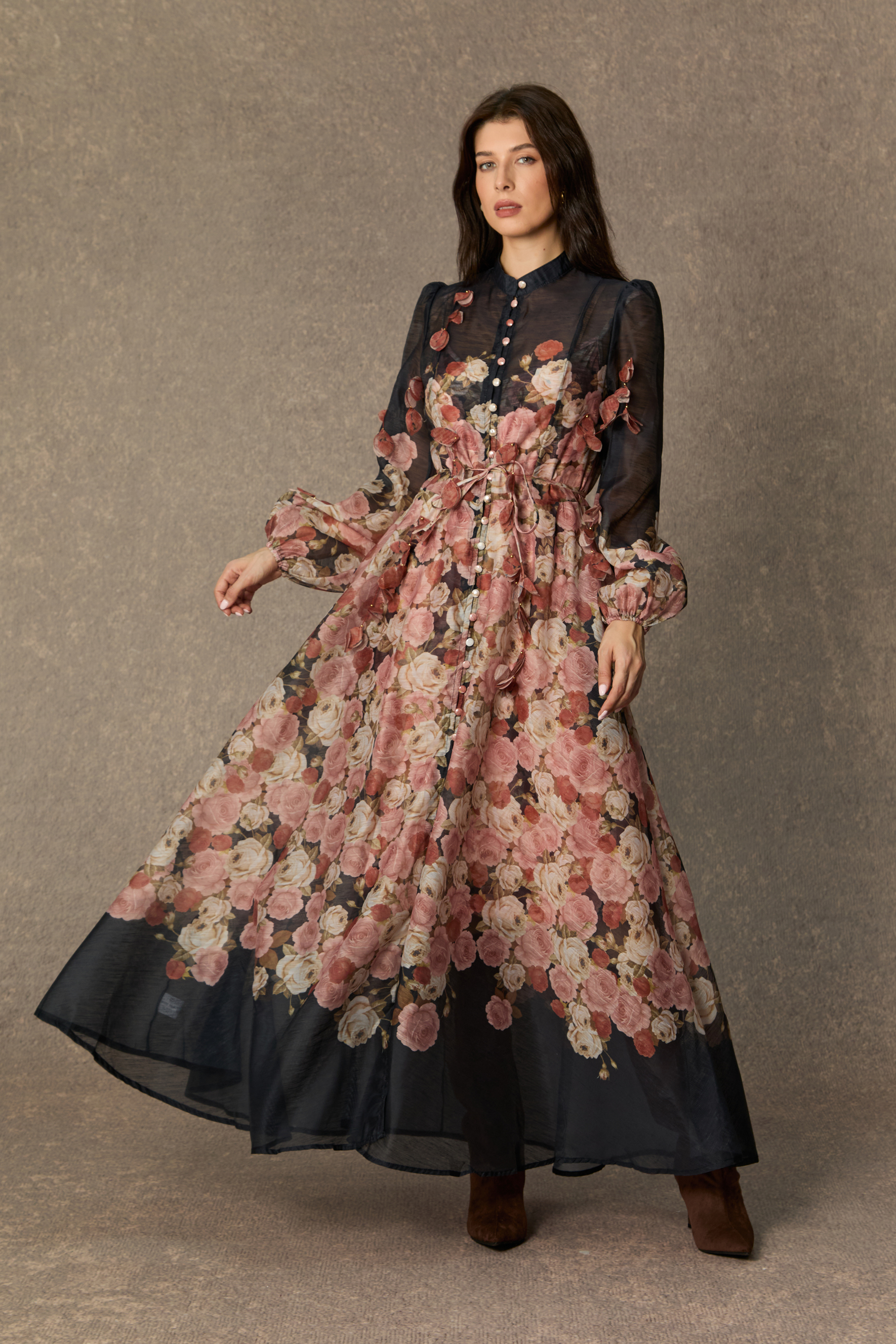Vie En Rose Black Floral Print Long Sleeve Maxi Dress