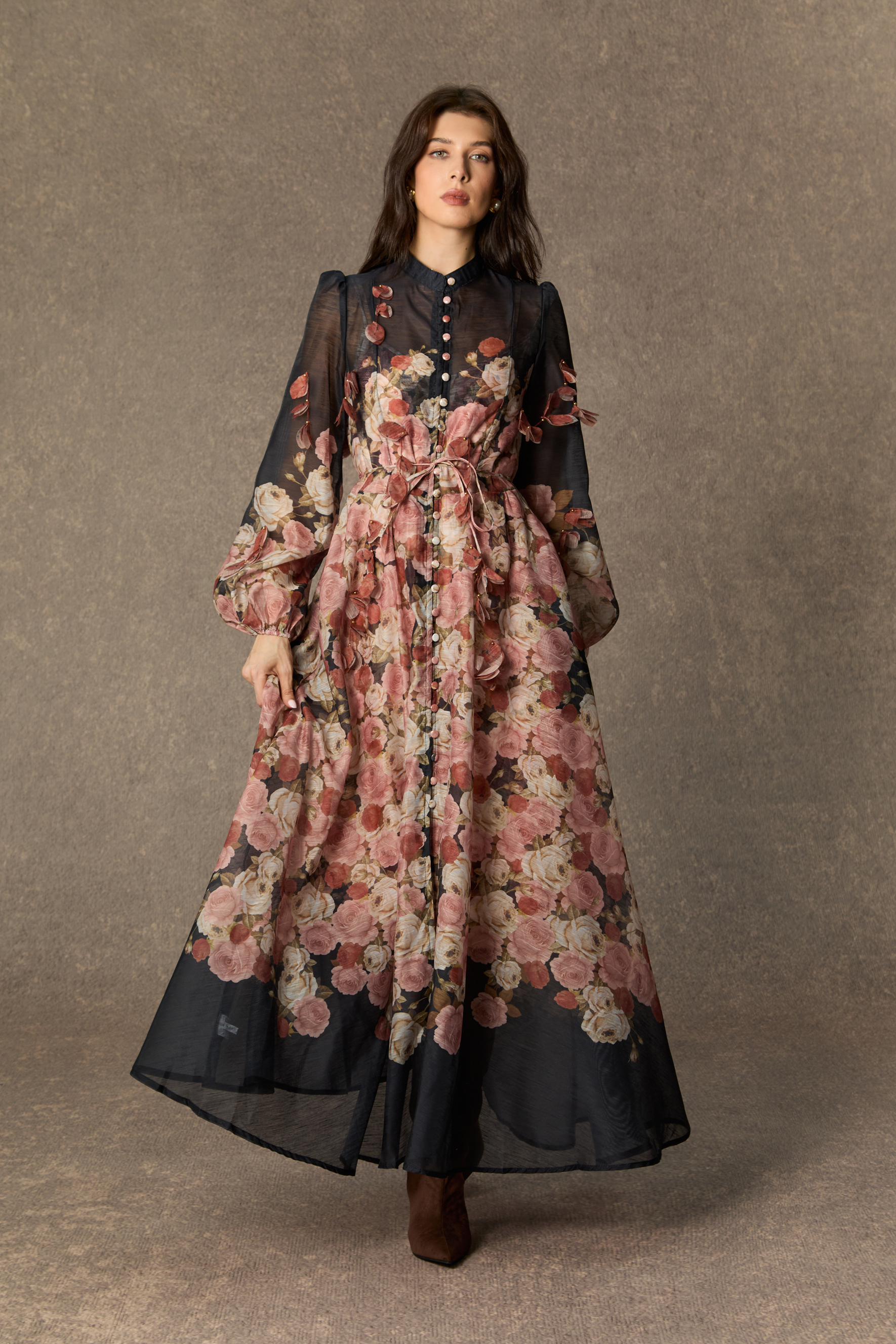 Vie En Rose Black Floral Print Long Sleeve Maxi Dress