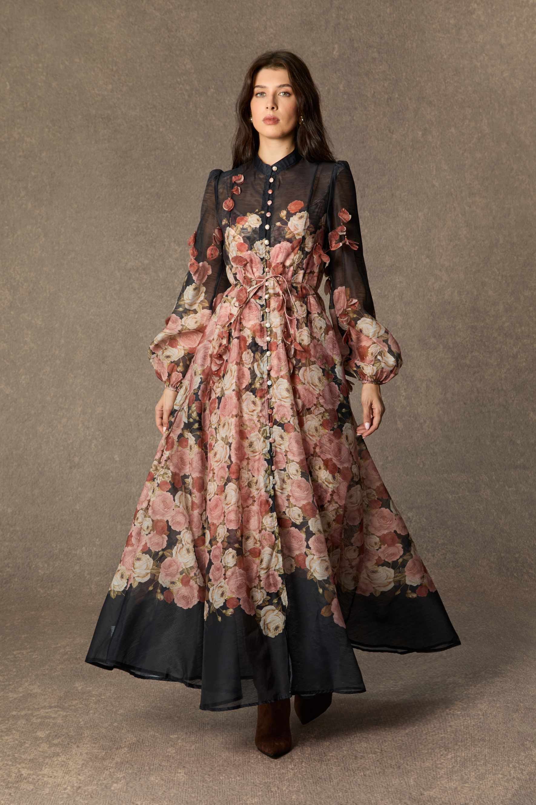 Vie En Rose Black Floral Print Long Sleeve Maxi Dress