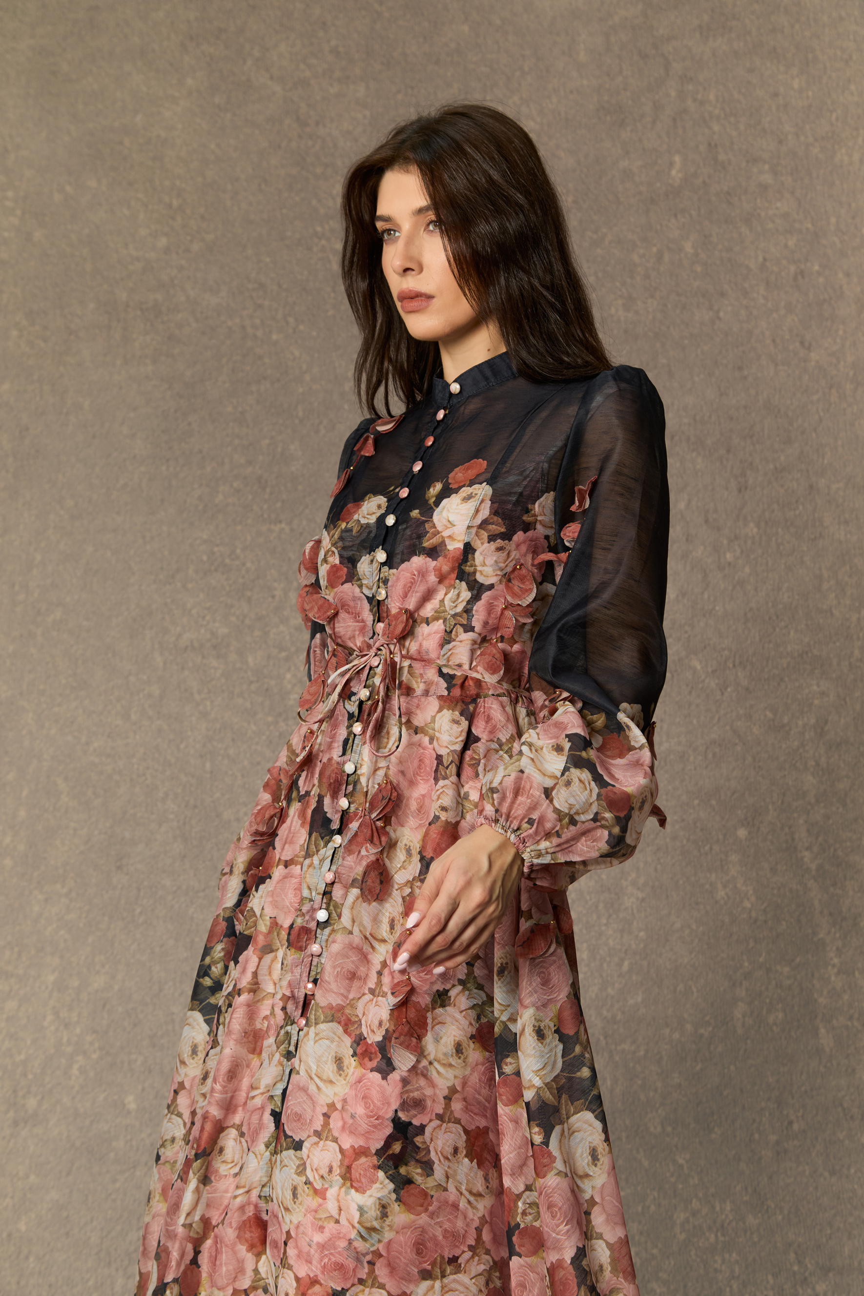 Vie En Rose Black Floral Print Long Sleeve Maxi Dress