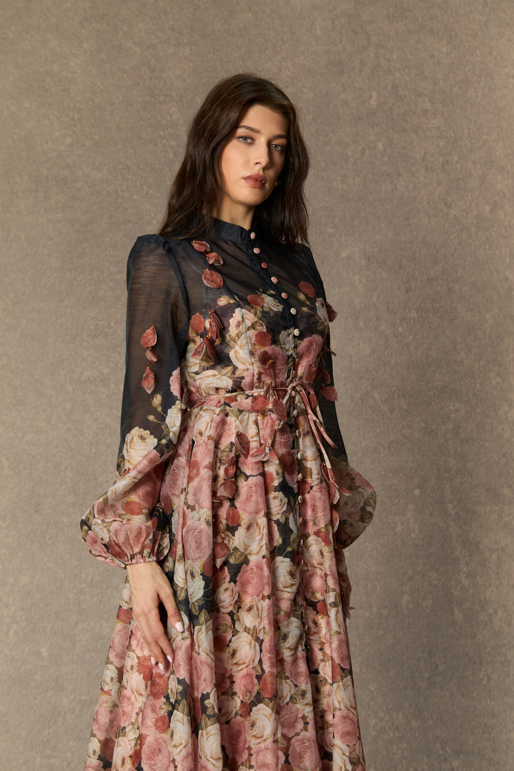 Vie En Rose Black Floral Print Long Sleeve Maxi Dress