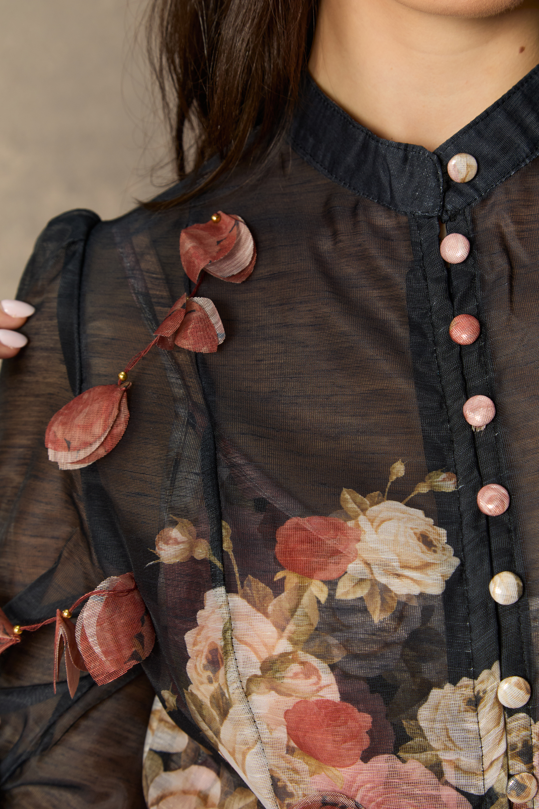 Vie En Rose Black Floral Print Long Sleeve Maxi Dress