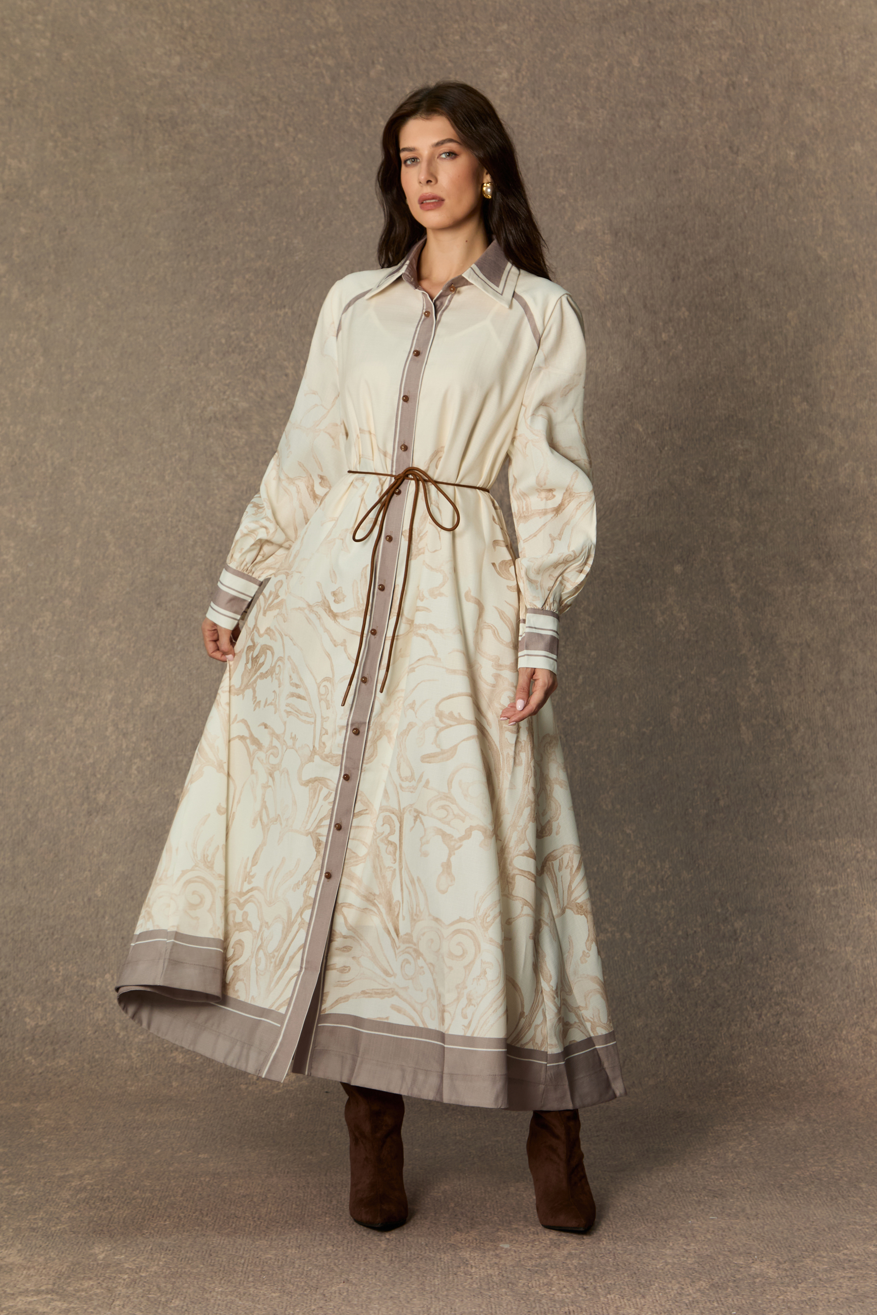 Charmed Vibes Beige Floral Print Balloon Sleeve Midi Dress