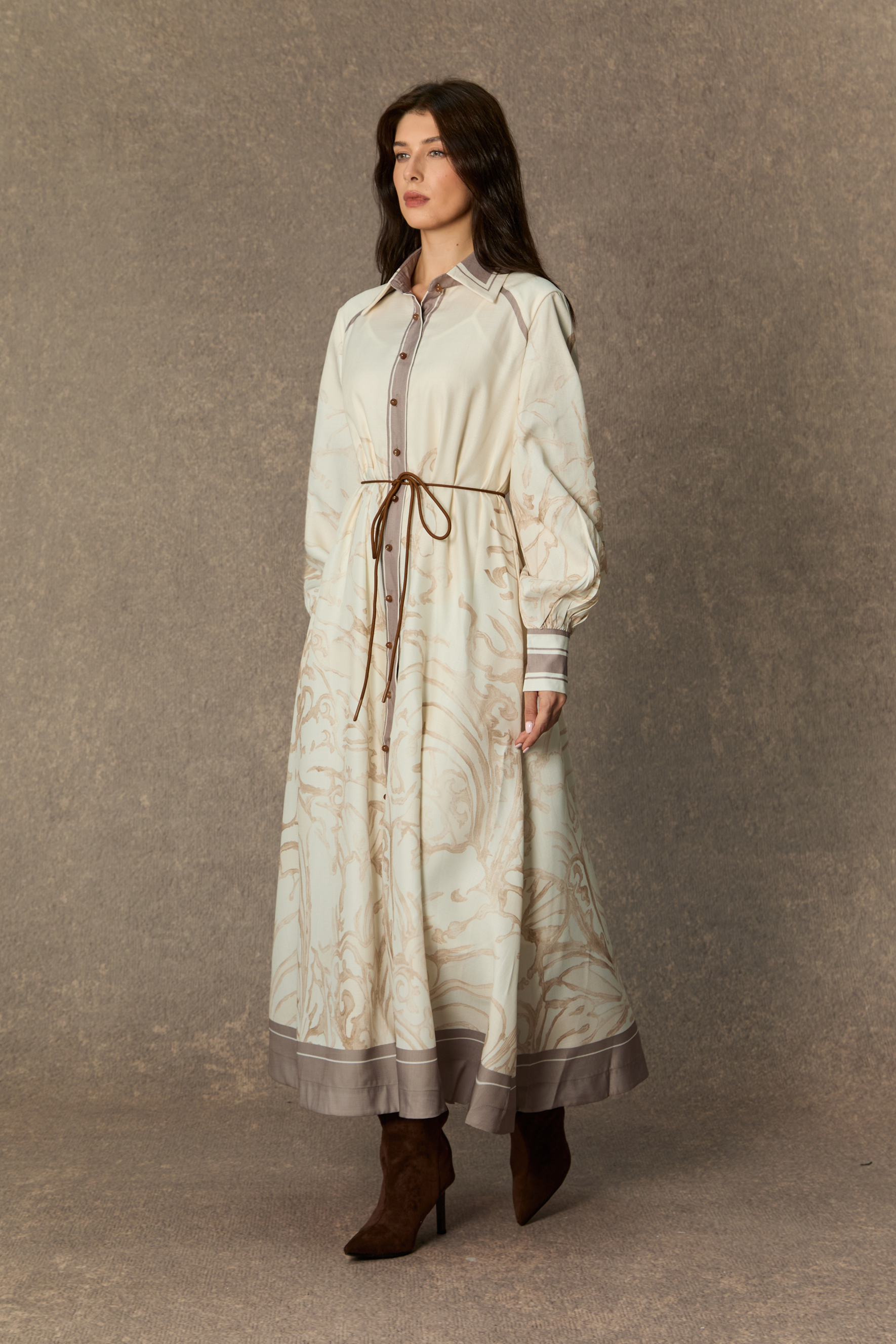 Charmed Vibes Beige Floral Print Balloon Sleeve Midi Dress