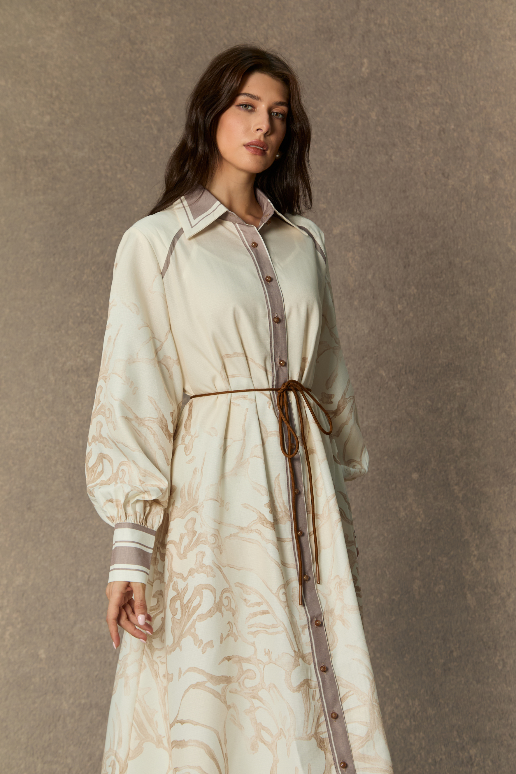 Charmed Vibes Beige Floral Print Balloon Sleeve Midi Dress