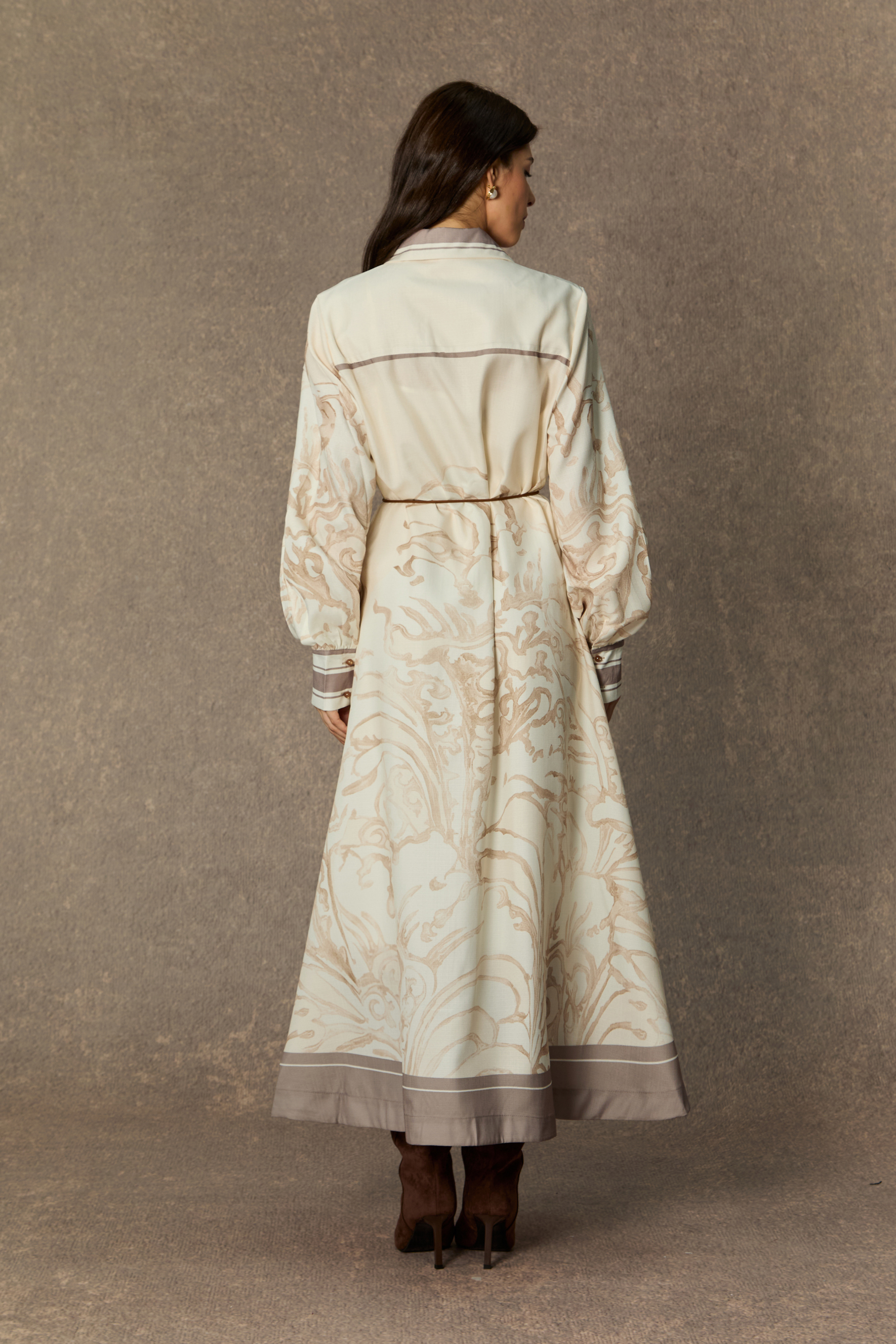 Charmed Vibes Beige Floral Print Balloon Sleeve Midi Dress