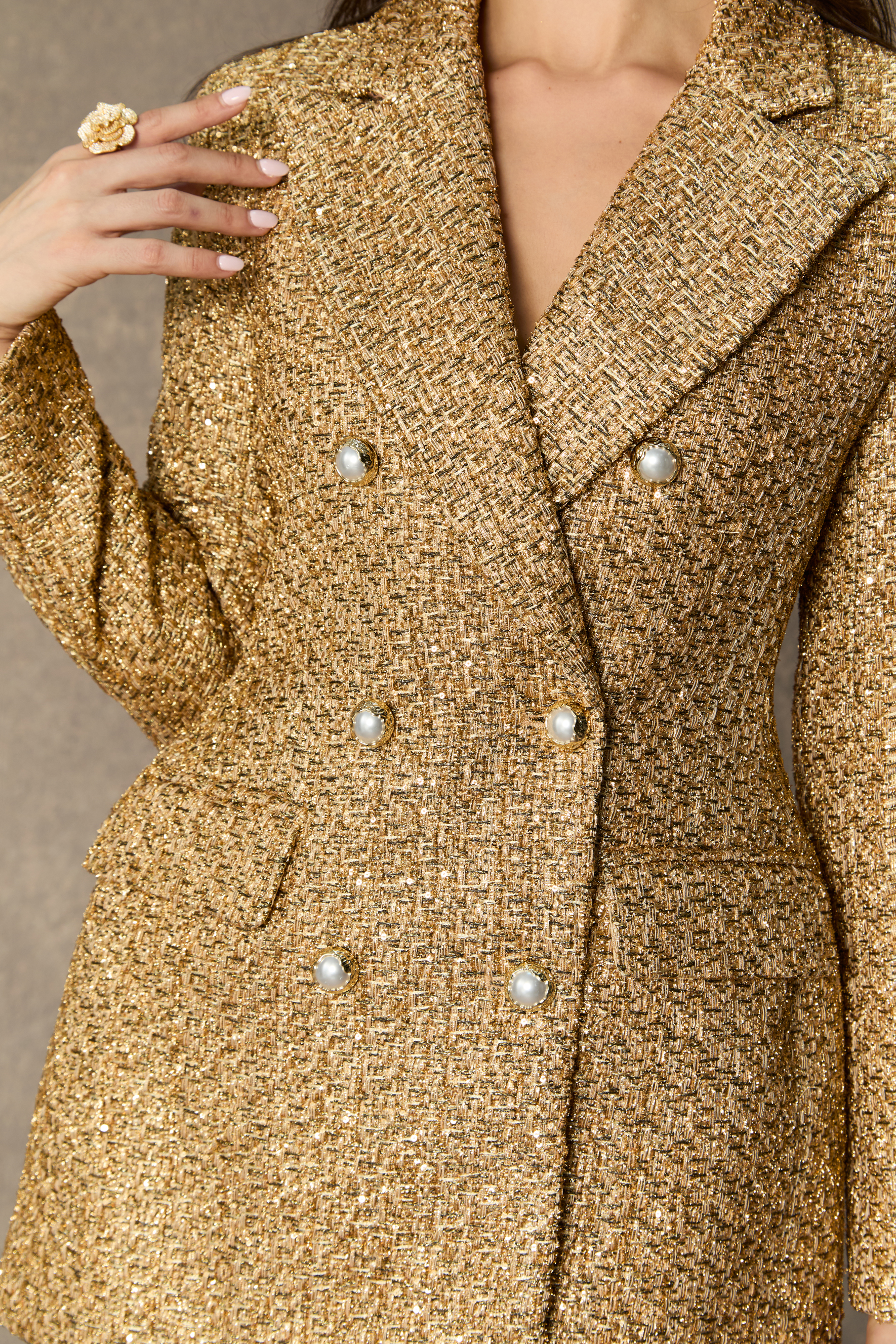 Lavish Looks Gold Double Breasted Tweed Mini Dress