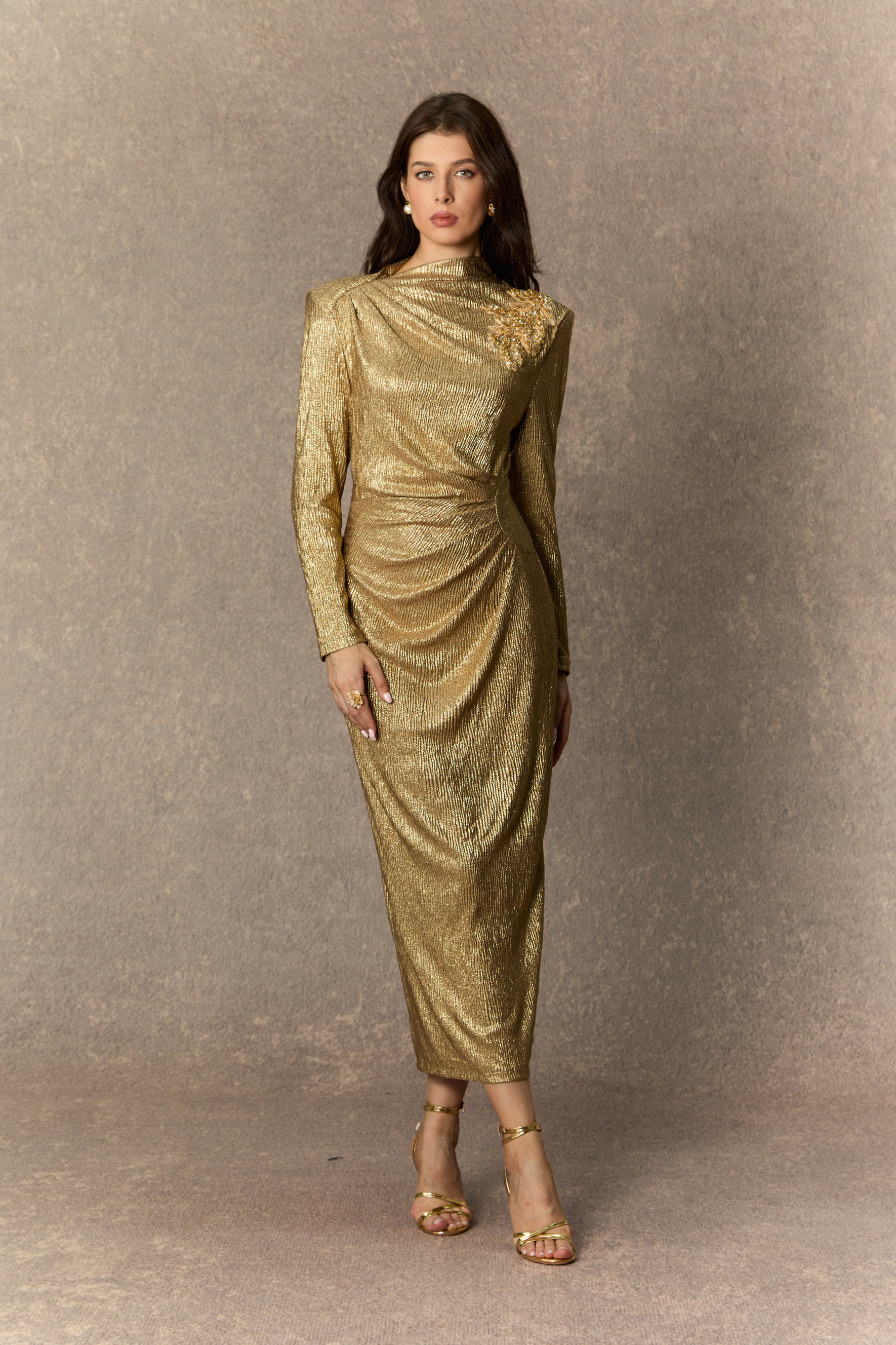 Brilliant Allure Gold Floral Embellished Texture Midi Dress