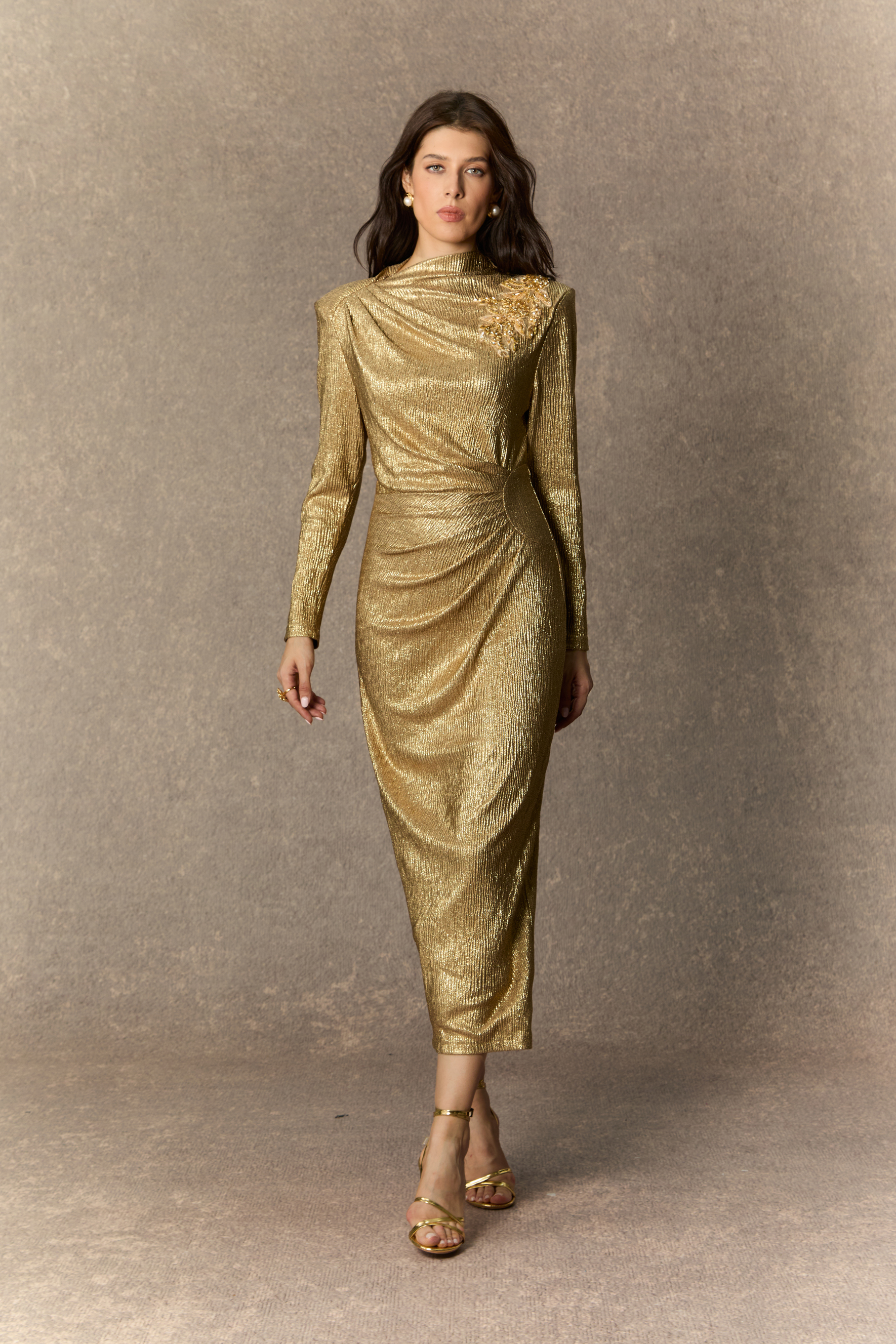 Brilliant Allure Gold Floral Embellished Texture Midi Dress