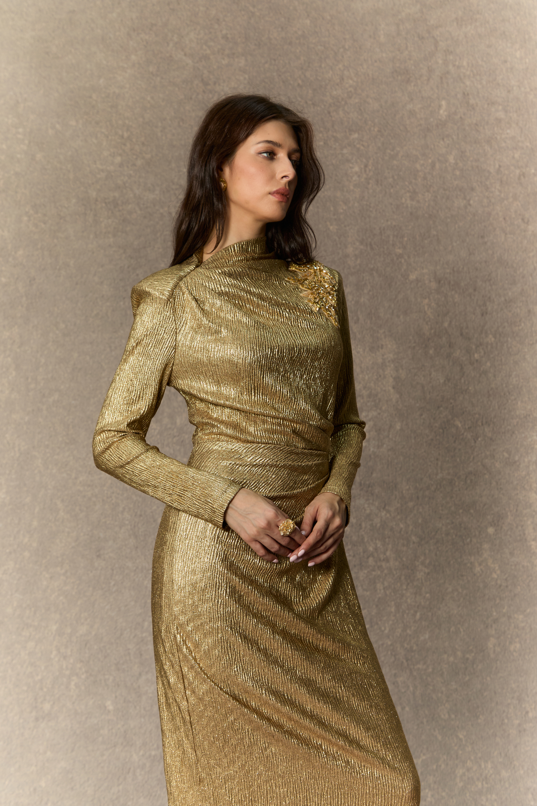 Brilliant Allure Gold Floral Embellished Texture Midi Dress